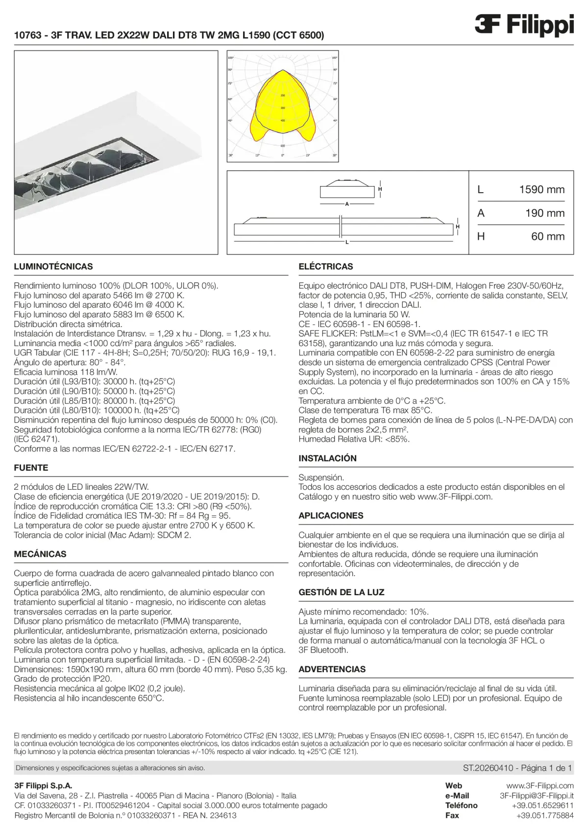 10763 - 3F TRAV. LED 2X22W DALI DT8 TW 2MG L1590 (CCT 6500) - Datasheet - es
