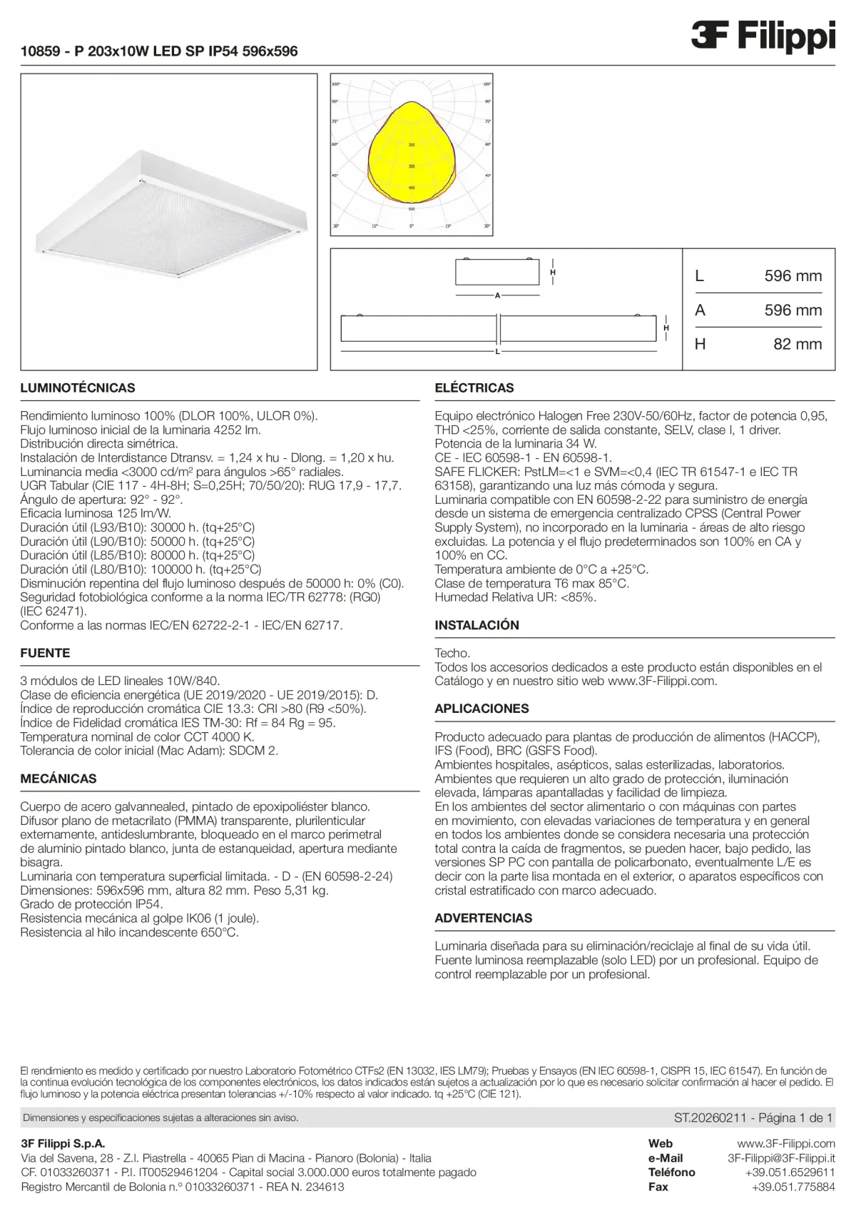 10859 - P 203x10W LED SP IP54 596x596 - Datasheet - es