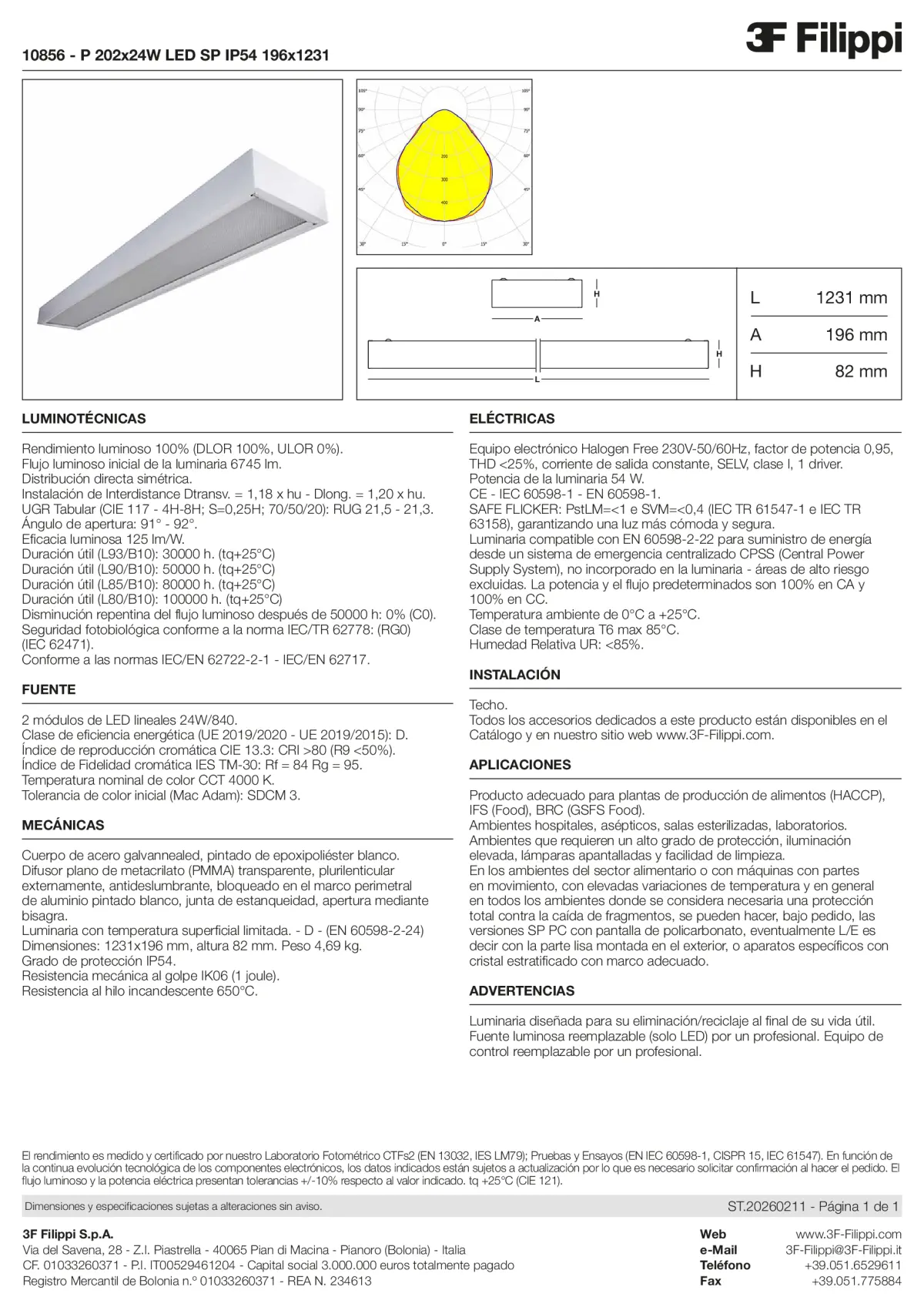 10856 - P 202x24W LED SP IP54 196x1231 - Datasheet - es