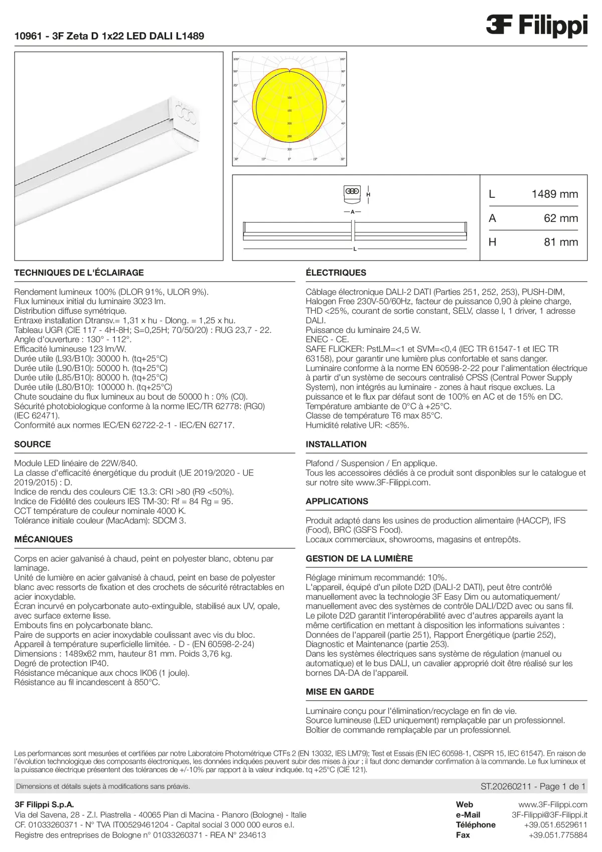 10961 - 3F Zeta D 1x22 LED DALI L1489 - Datasheet - fr