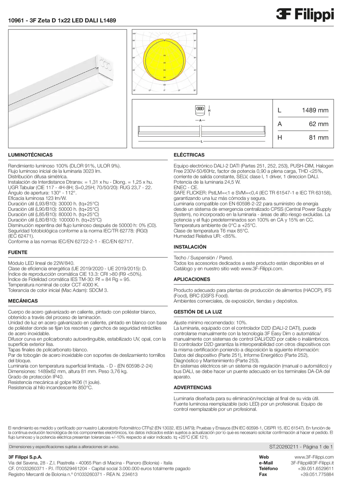 10961 - 3F Zeta D 1x22 LED DALI L1489 - Datasheet - es