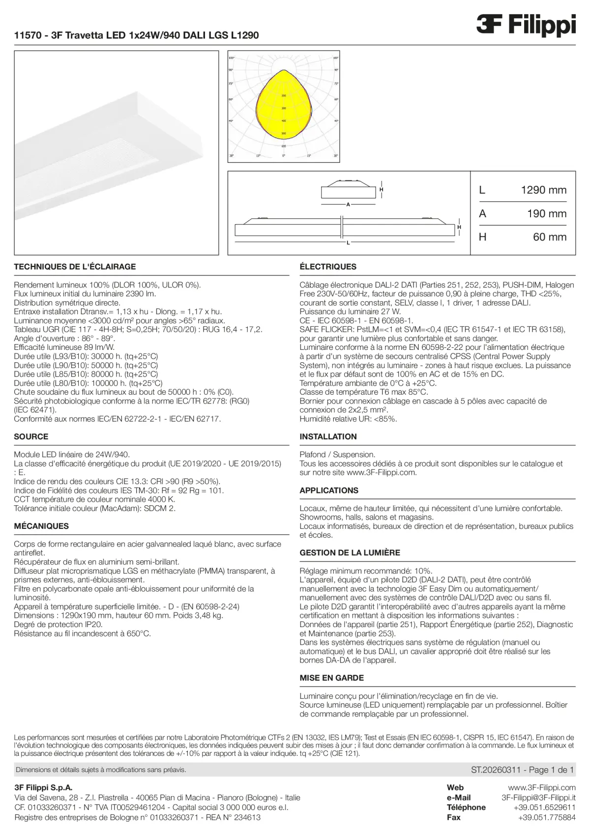 11570 - 3F Travetta LED 1x24W-940 DALI LGS L1290 - Datasheet - fr