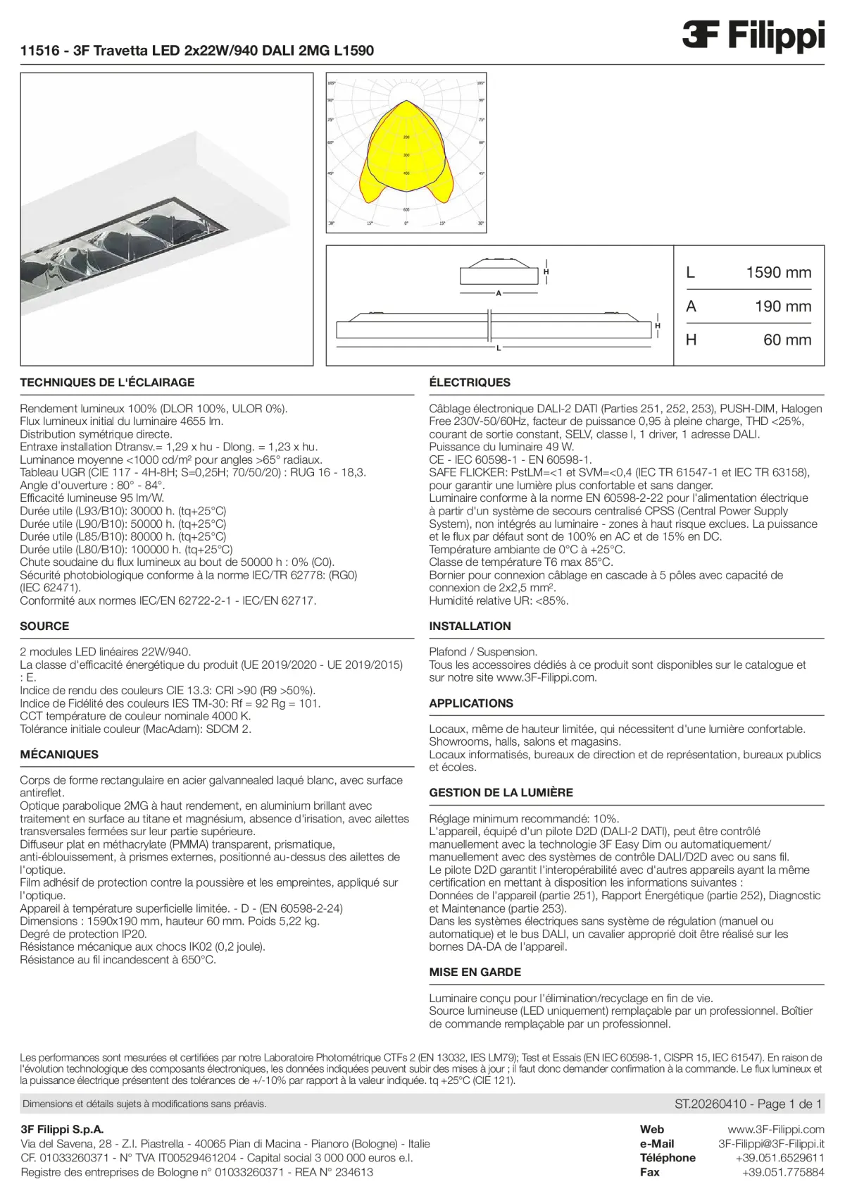 11516 - 3F Travetta LED 2x22W-940 DALI 2MG L1590 - Datasheet - fr