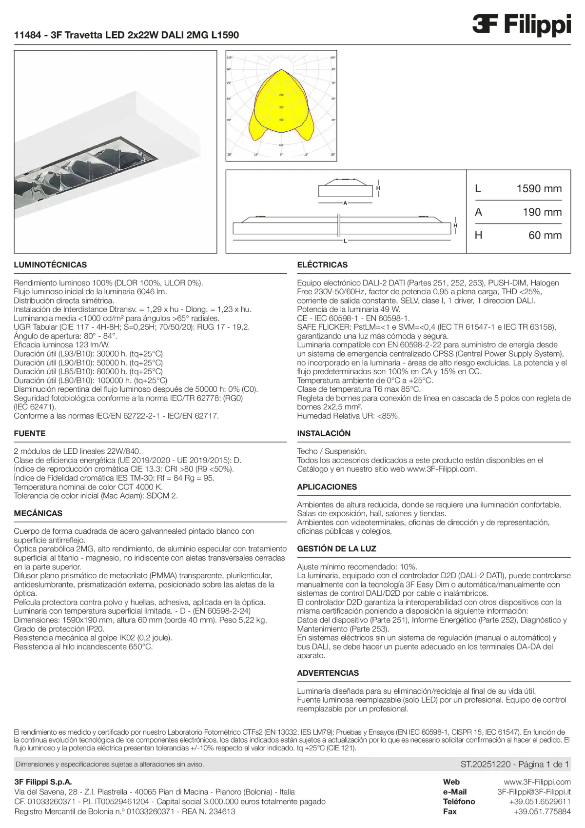 11484 - 3F Travetta LED 2x22W DALI 2MG L1590 - Datasheet - es