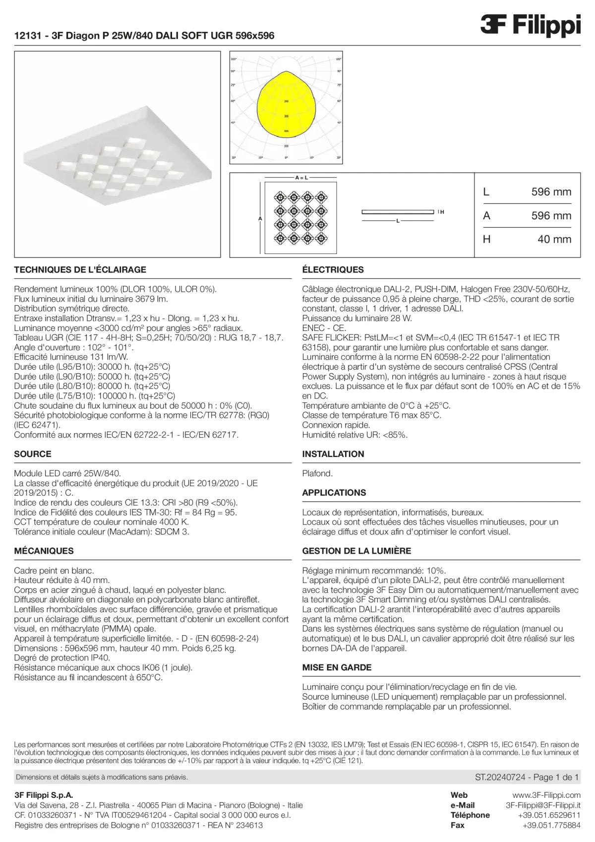 12131 - 3F Diagon P 25W-840 DALI SOFT UGR 596x596 - Datasheet - fr