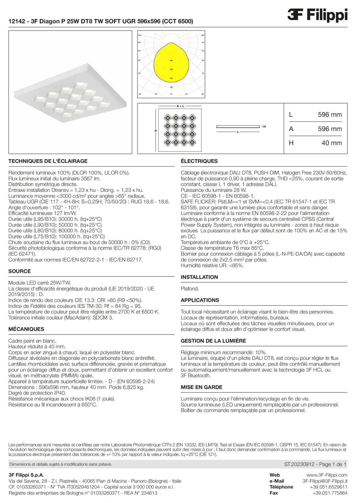 12142 - 3F Diagon P 25W DT8 TW SOFT UGR 596x596 (CCT 6500) - Datasheet - fr