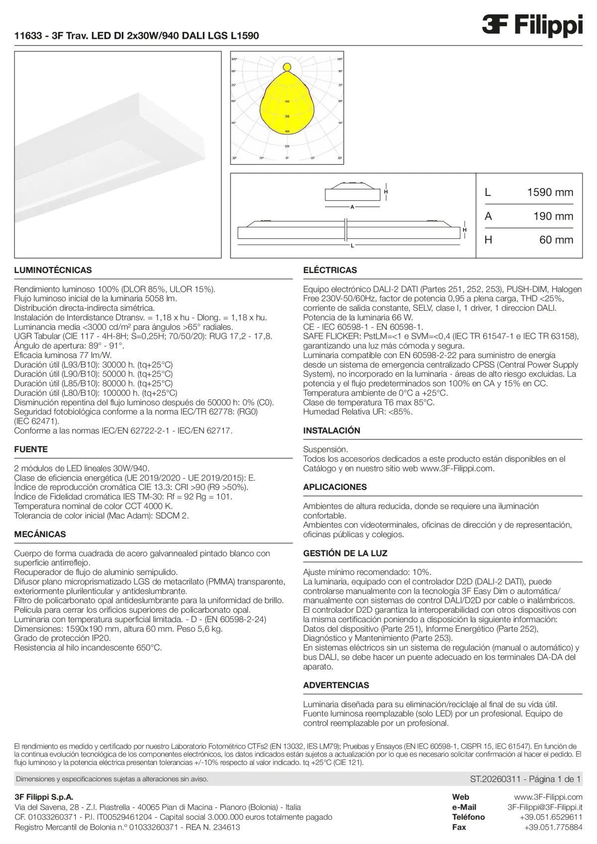 11633 - 3F Trav. LED DI 2x30W-940 DALI LGS L1590 - Datasheet - es