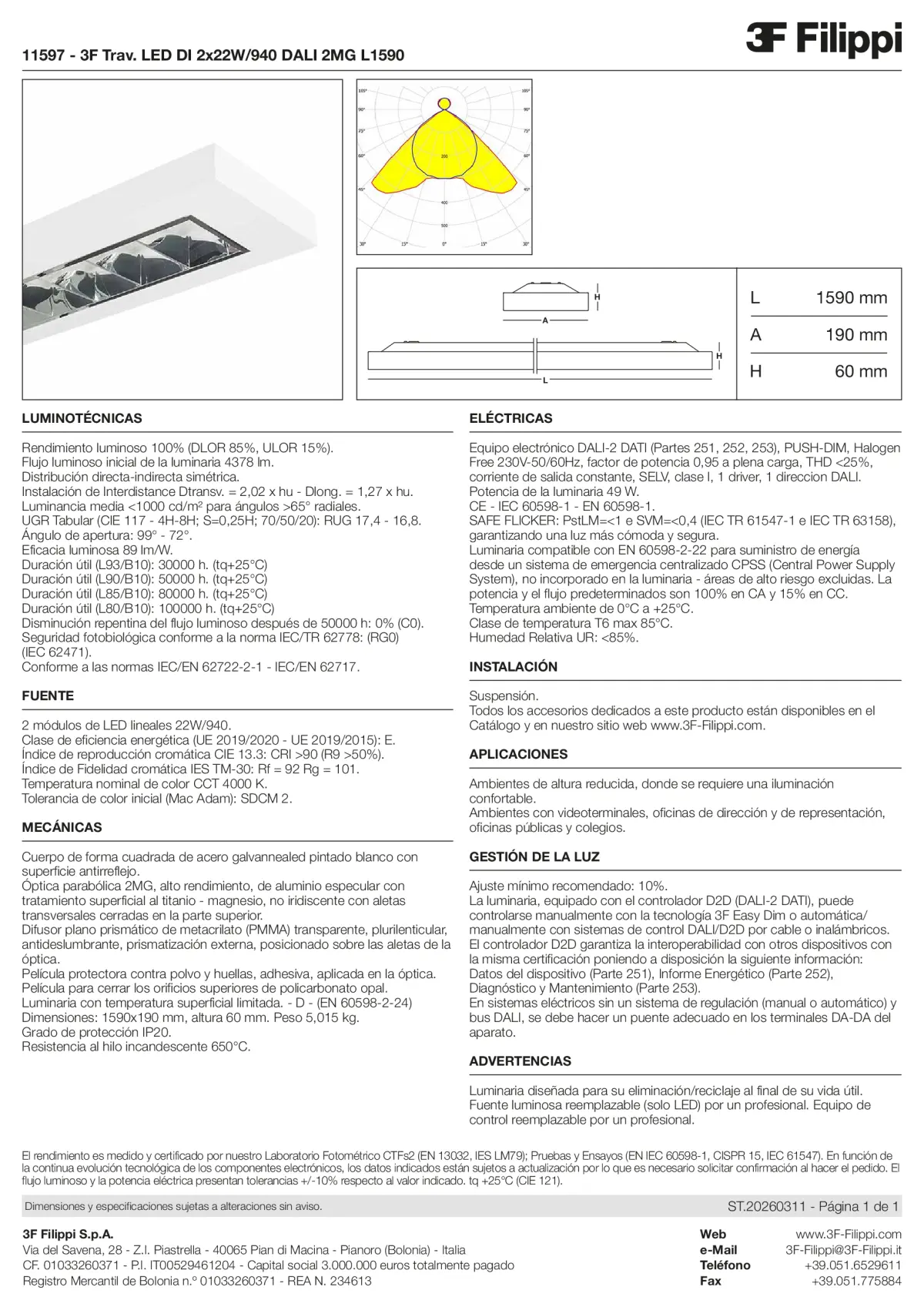 11597 - 3F Trav. LED DI 2x22W-940 DALI 2MG L1590 - Datasheet - es