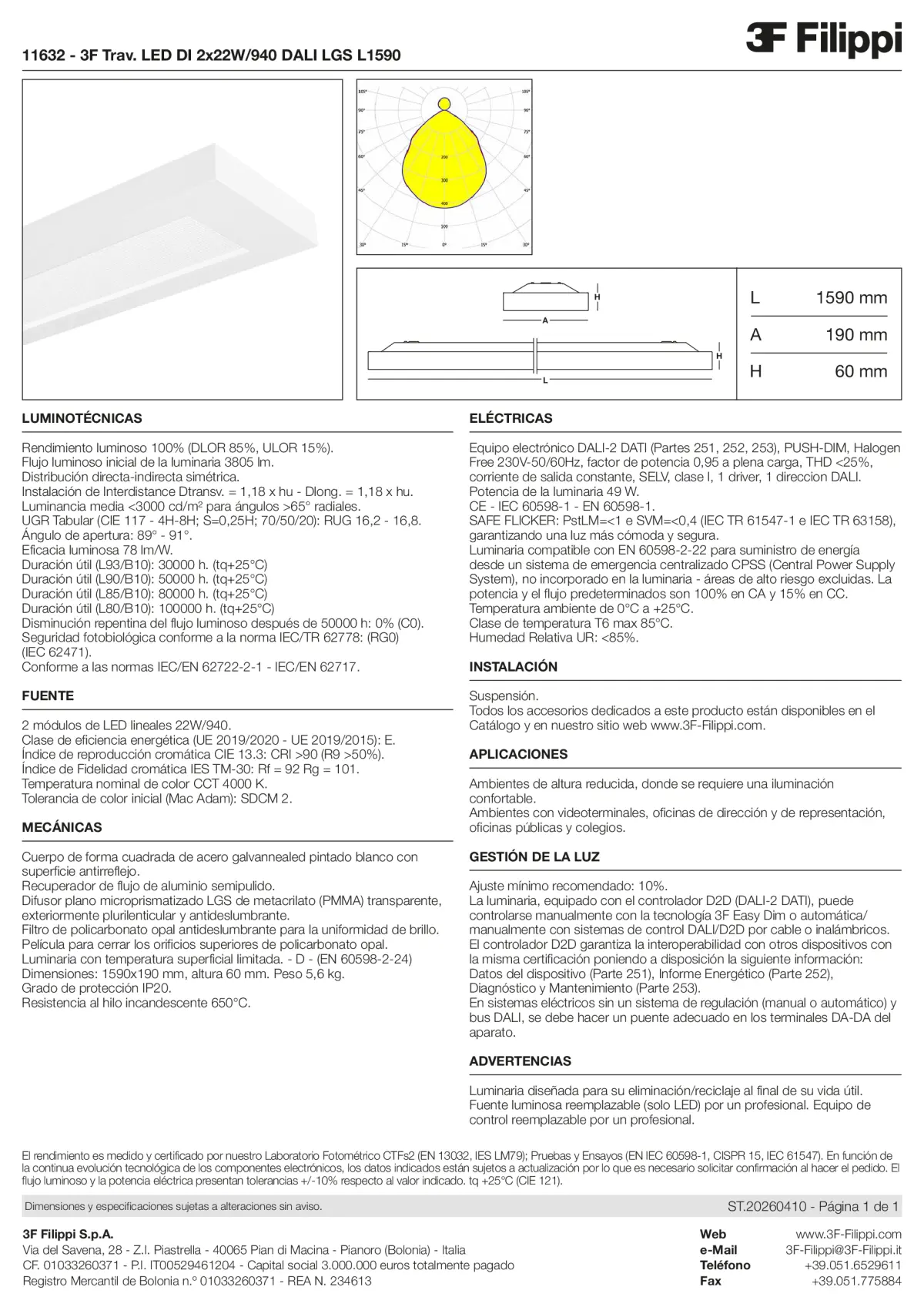 11632 - 3F Trav. LED DI 2x22W-940 DALI LGS L1590 - Datasheet - es
