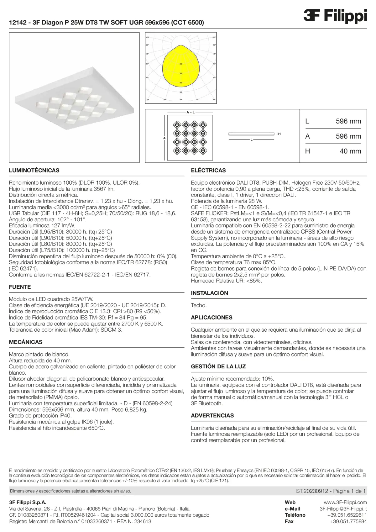12142 - 3F Diagon P 25W DT8 TW SOFT UGR 596x596 (CCT 6500) - Datasheet - es