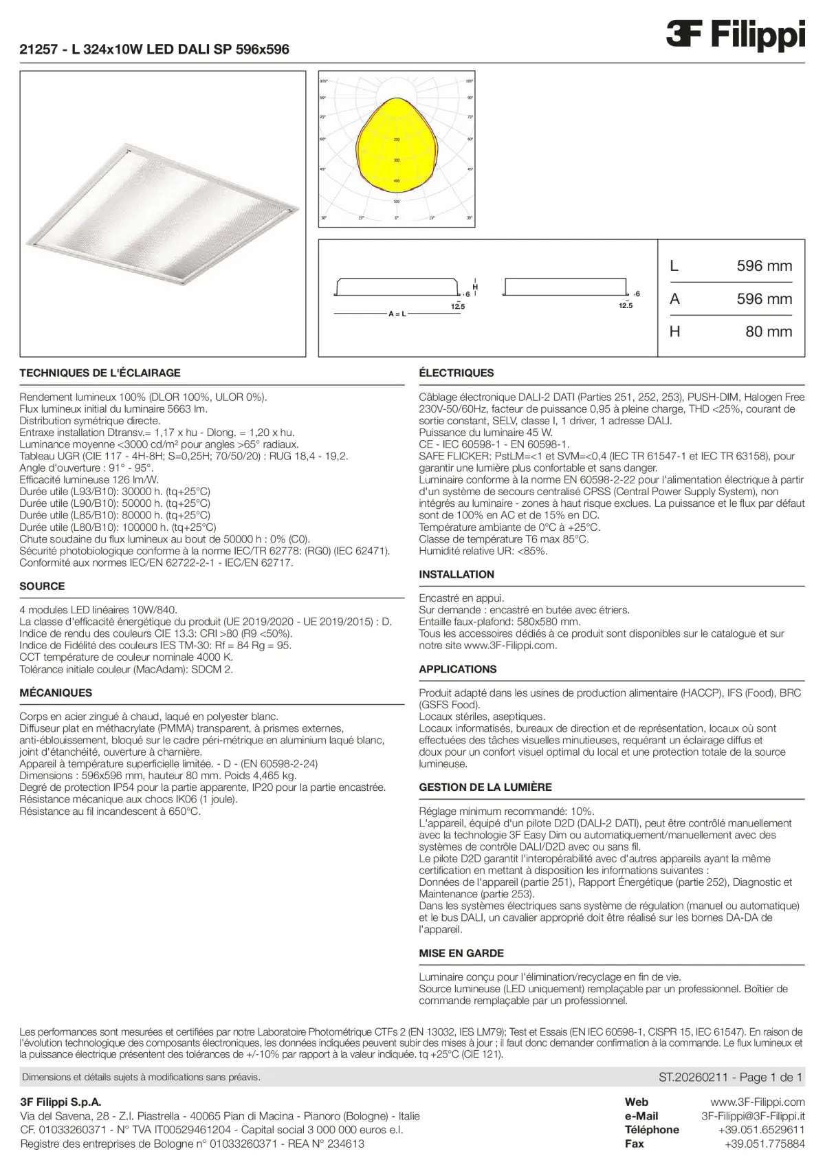 21257 - L 324x10W LED DALI SP 596x596 - Datasheet - fr