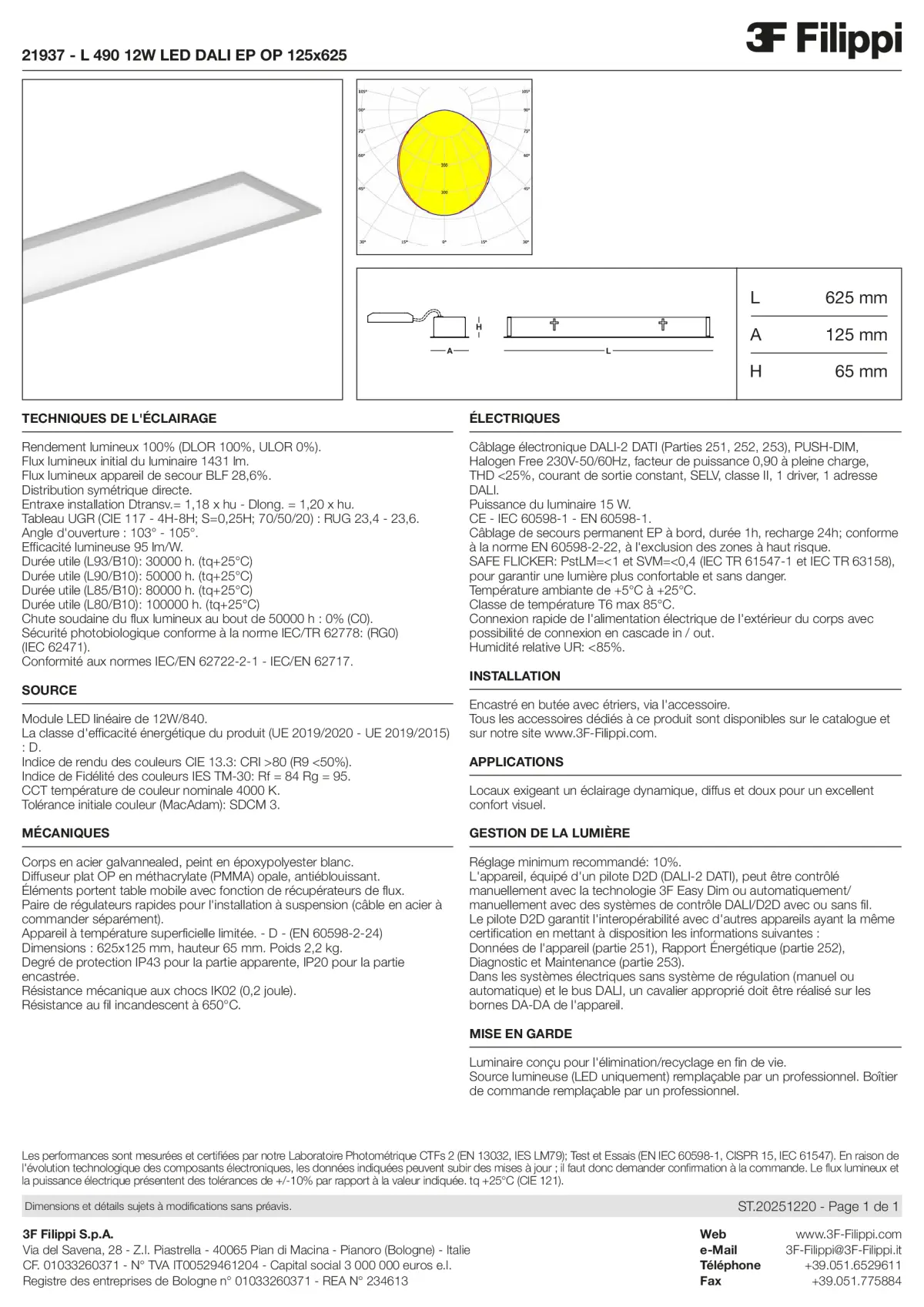 21937 - L 490 12W LED DALI EP OP 125x625 - Datasheet - fr