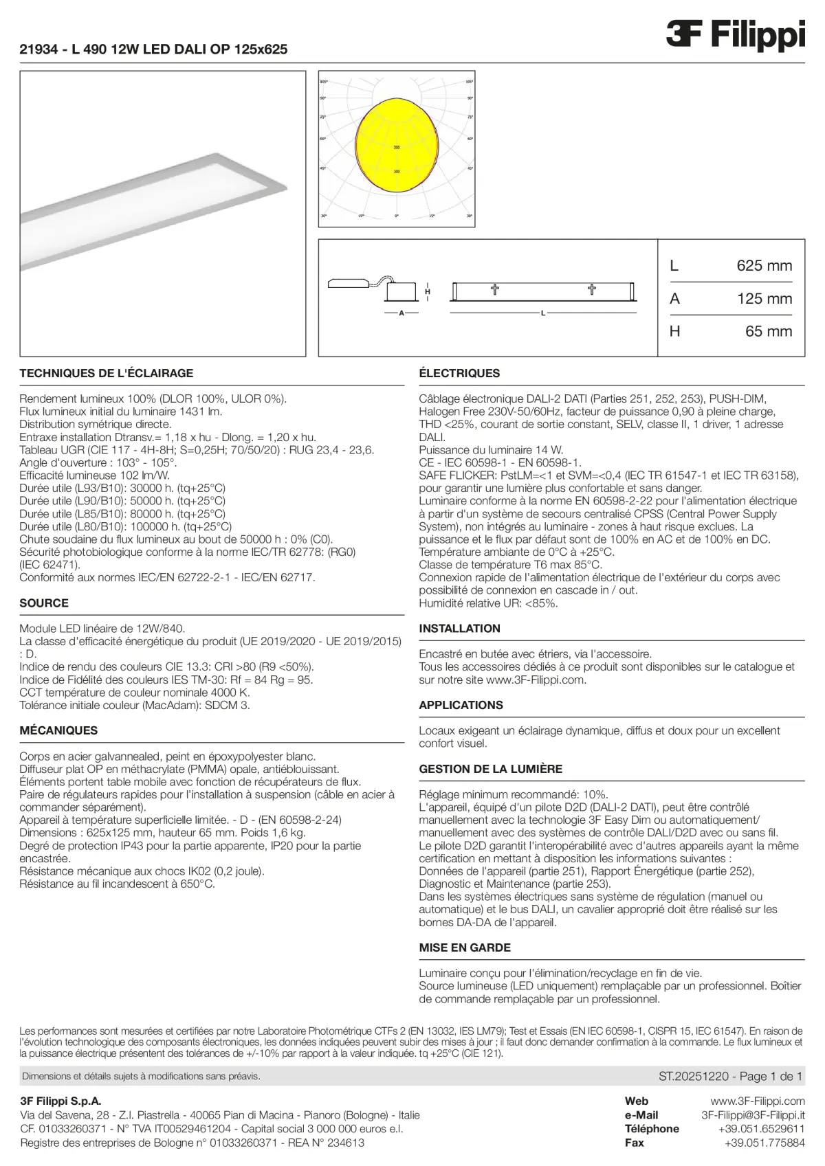 21934 - L 490 12W LED DALI OP 125x625 - Datasheet - fr