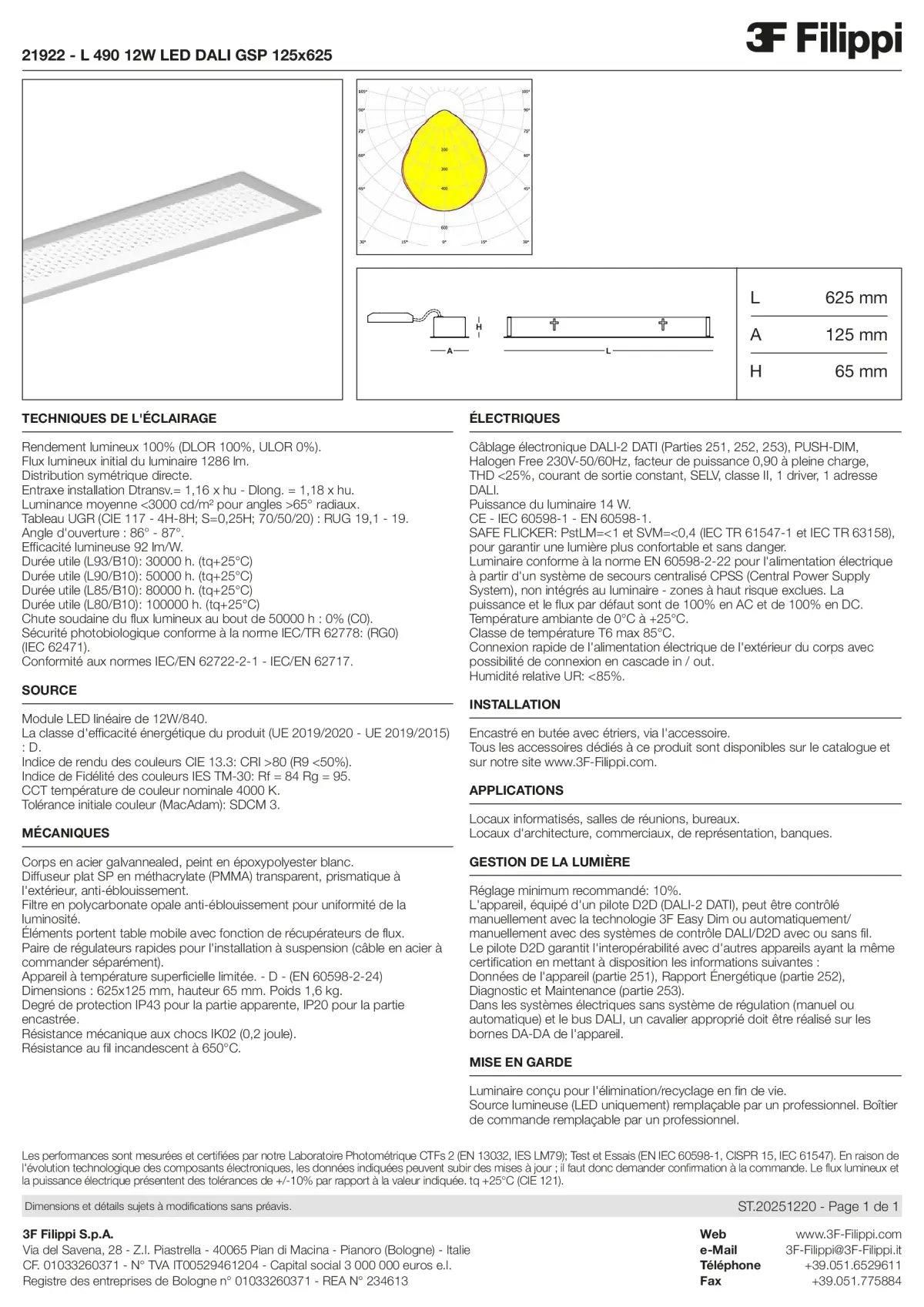 21922 - L 490 12W LED DALI GSP 125x625 - Datasheet - fr
