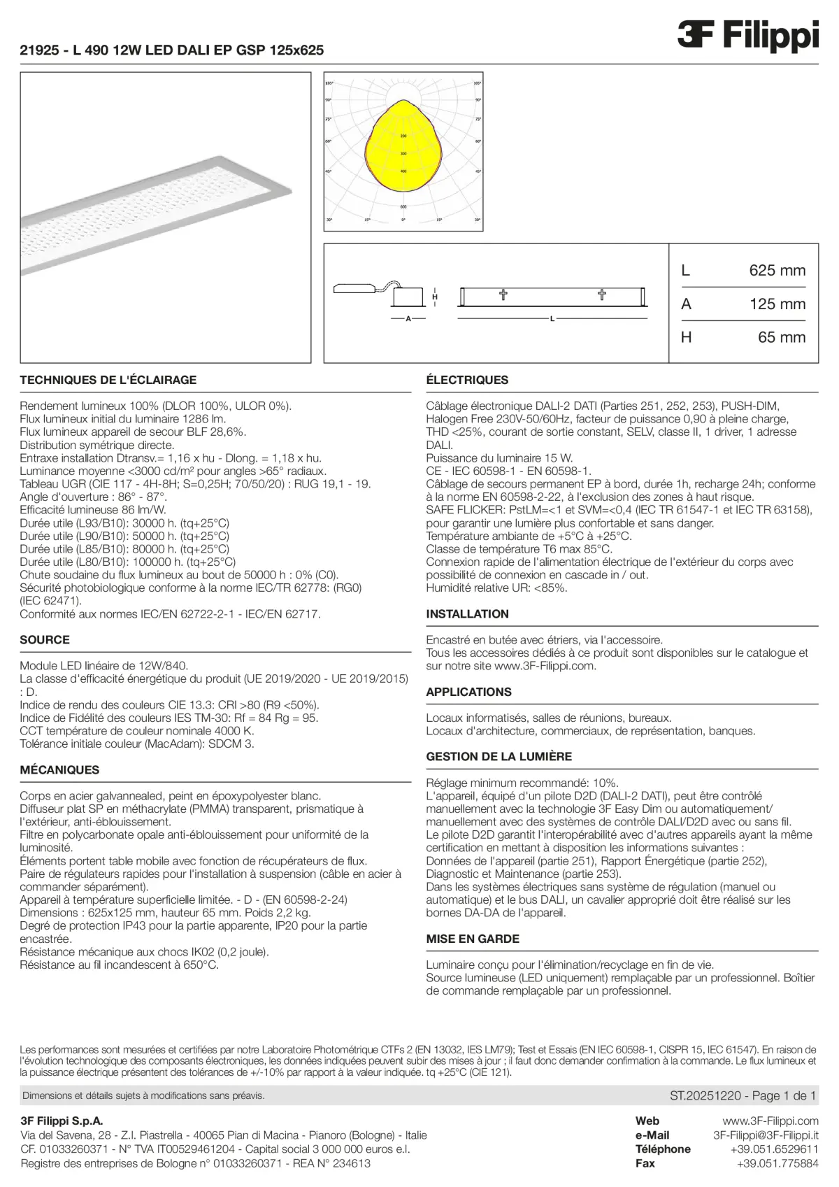 21925 - L 490 12W LED DALI EP GSP 125x625 - Datasheet - fr