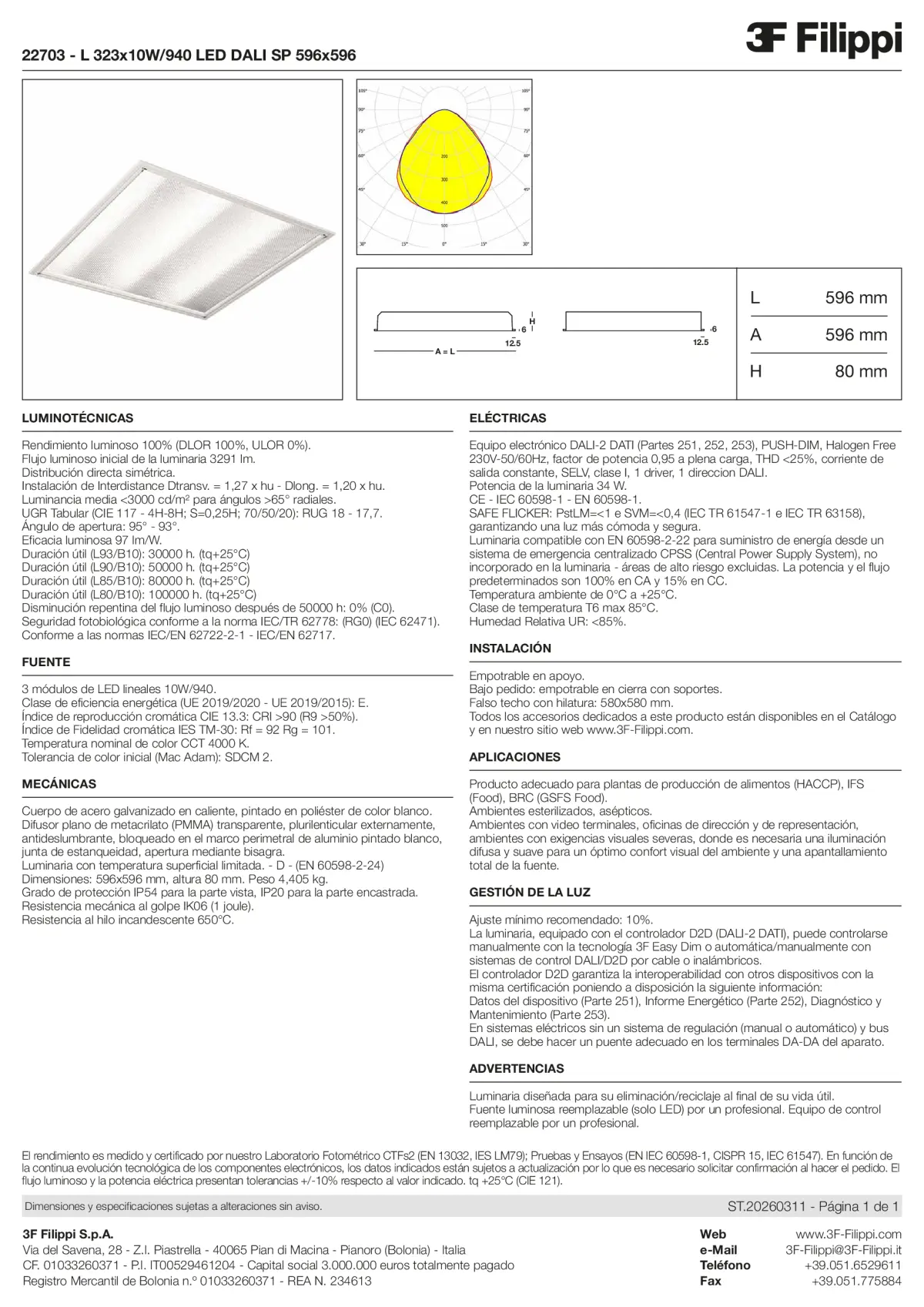 22703 - L 323x10W-940 LED DALI SP 596x596 - Datasheet - es