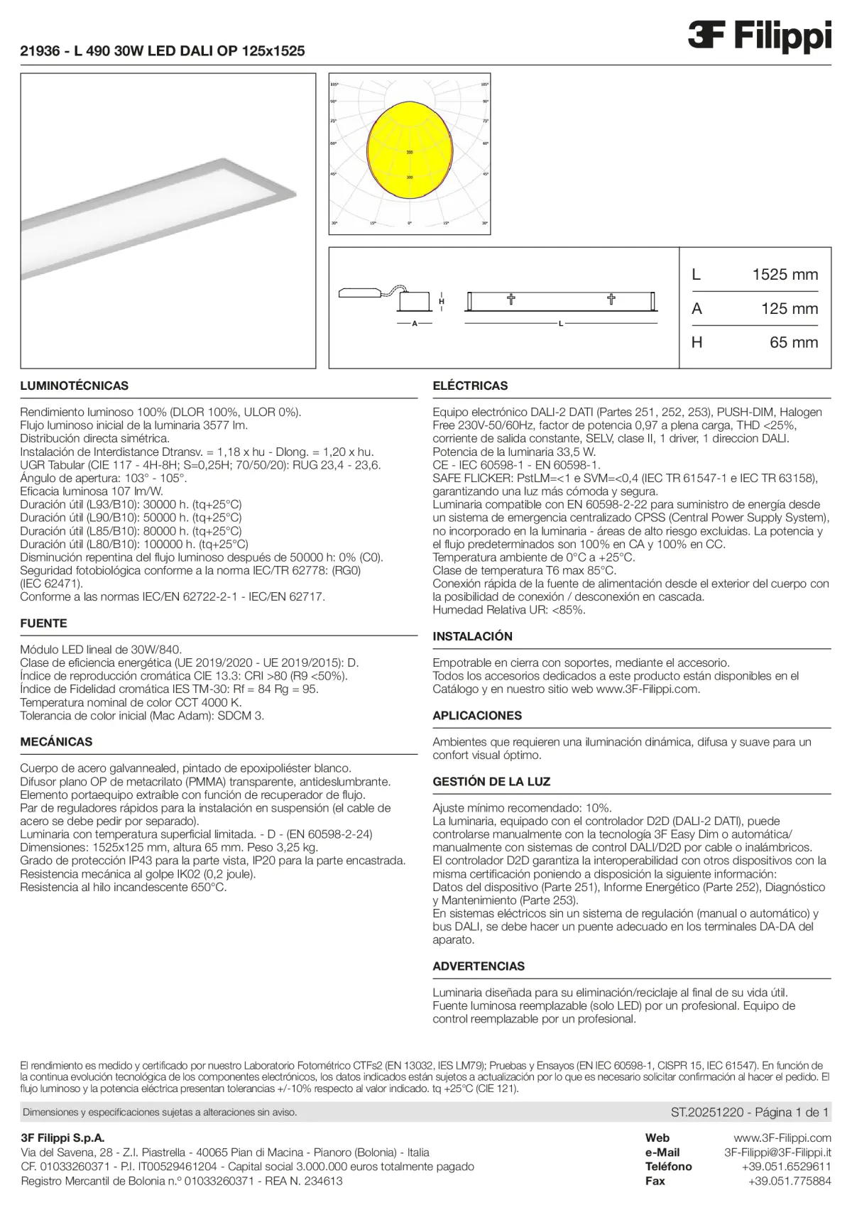 21936 - L 490 30W LED DALI OP 125x1525 - Datasheet - es