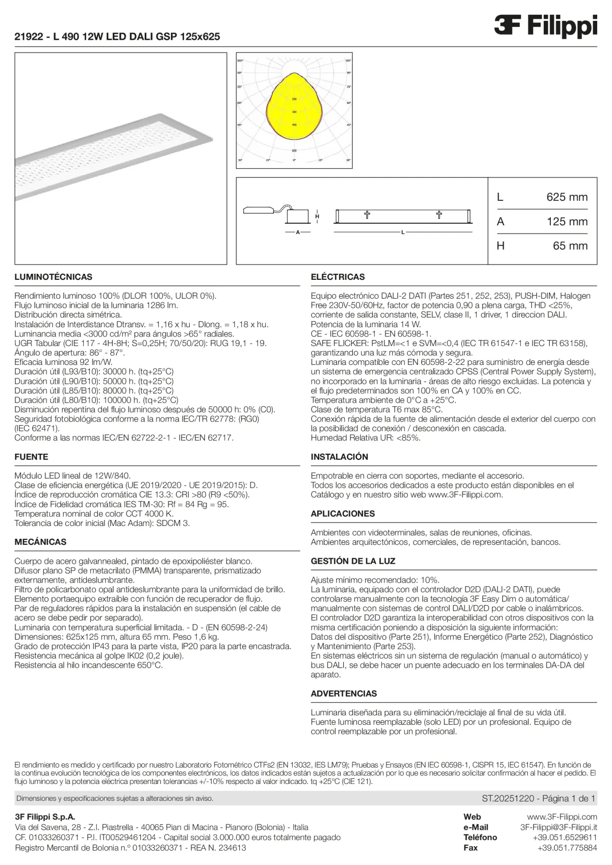 21922 - L 490 12W LED DALI GSP 125x625 - Datasheet - es