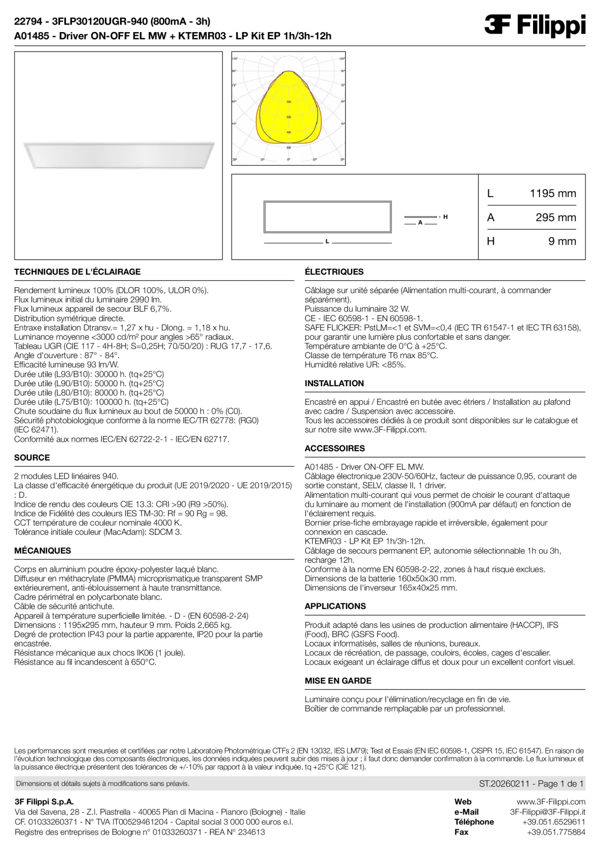 22794+A01485+KTEMR03 - 3FLP30120UGR-940 (800mA - 3h) + ON-OFF EL MW + Kit EP 1h-3h - Datasheet - fr