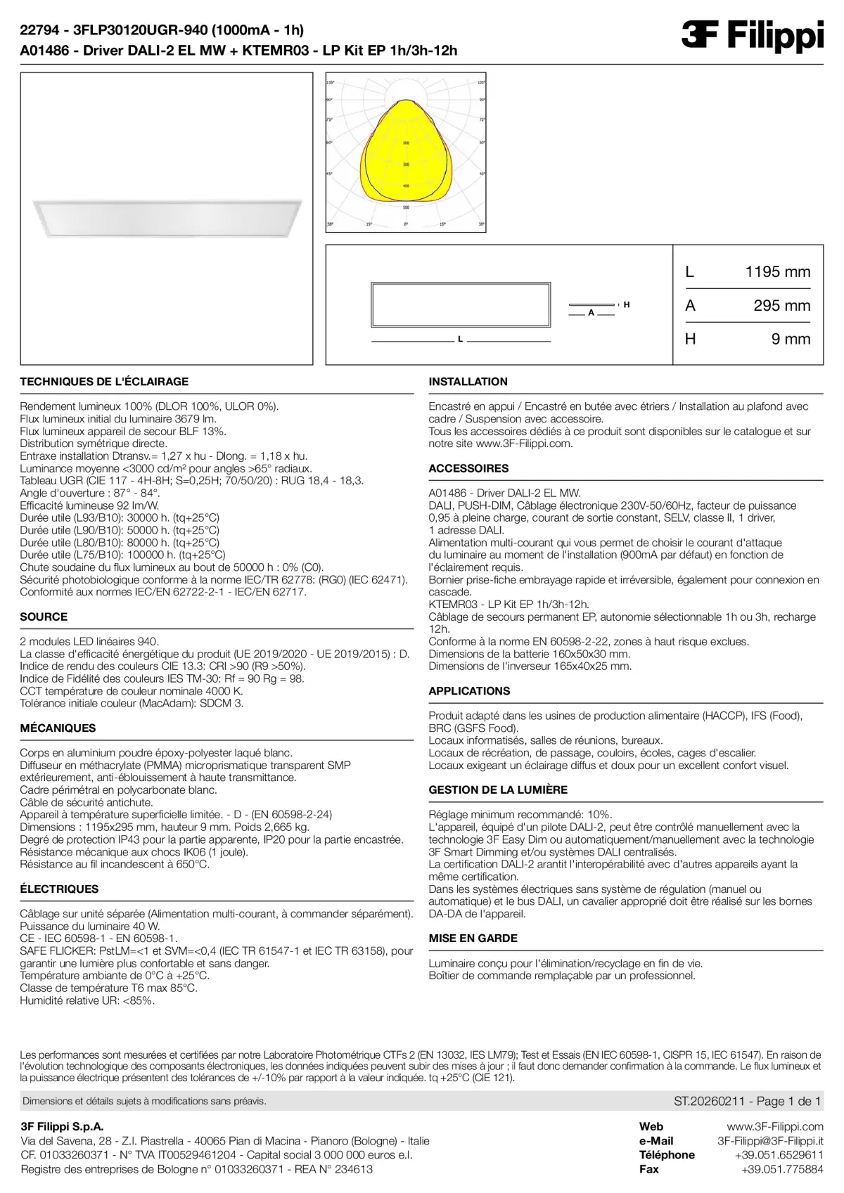 22794+A01486+KTEMR03 - 3FLP30120UGR-940 (1000mA - 1h) + DALI-2 EL MW + Kit EP 1h-3h - Datasheet - fr
