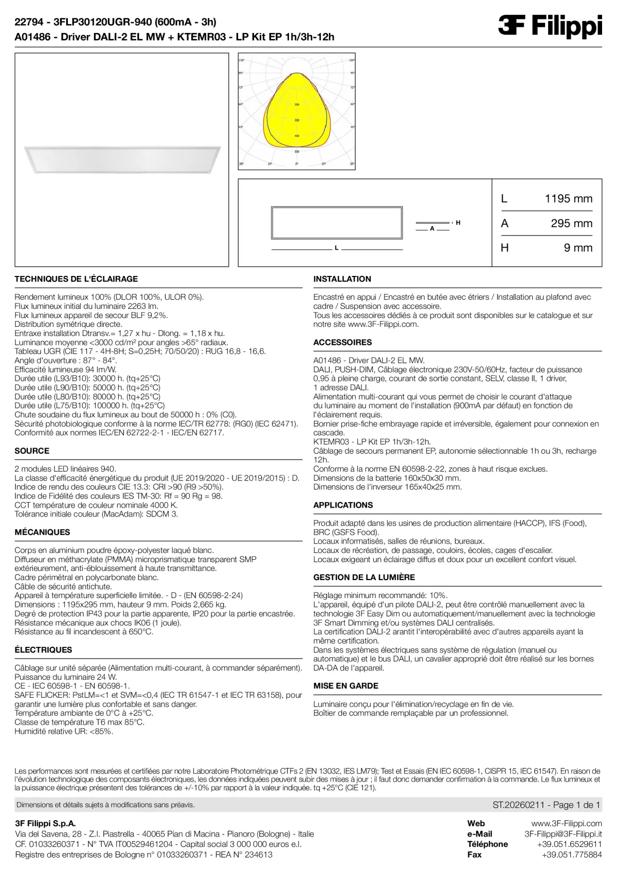 22794+A01486+KTEMR03 - 3FLP30120UGR-940 (600mA - 3h) + DALI-2 EL MW + Kit EP 1h-3h - Datasheet - fr