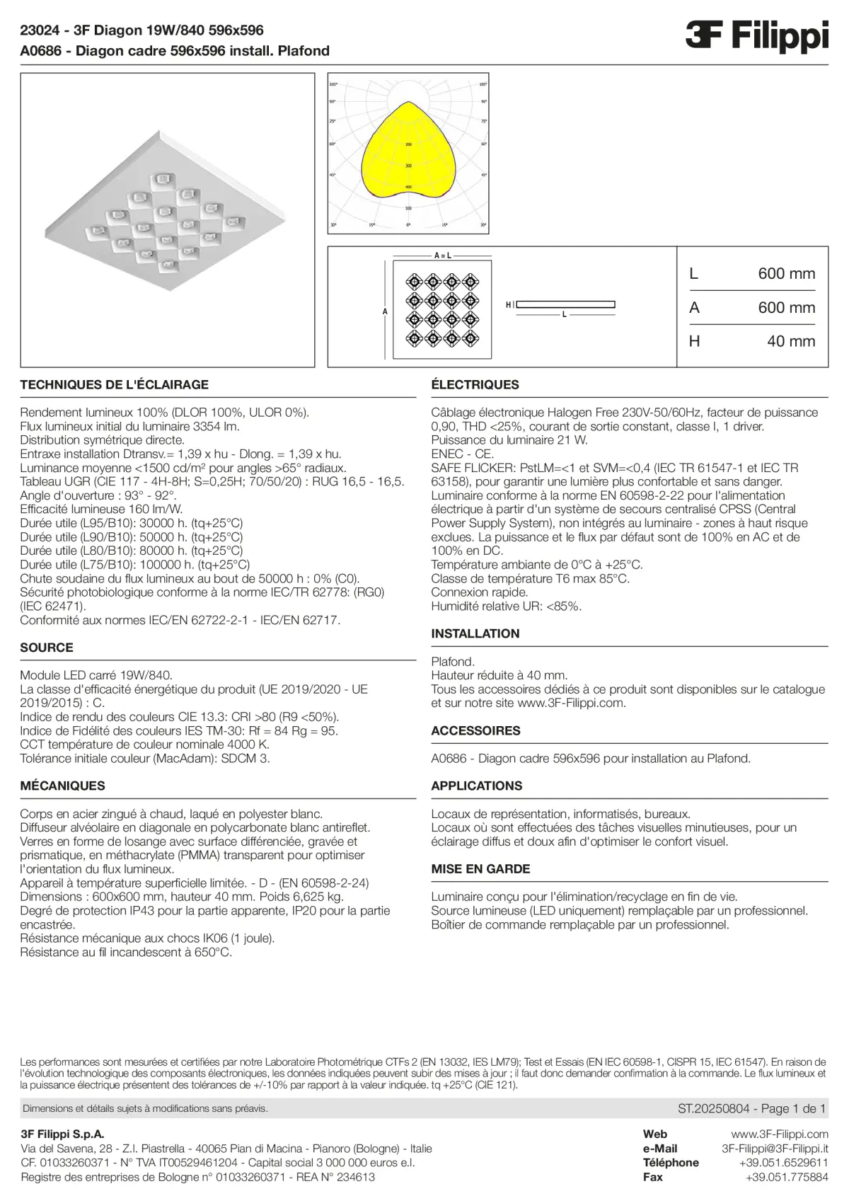 23024+A0686 - 3F Diagon 19W-840 596x596 + Corn.plaf. - Datasheet - fr