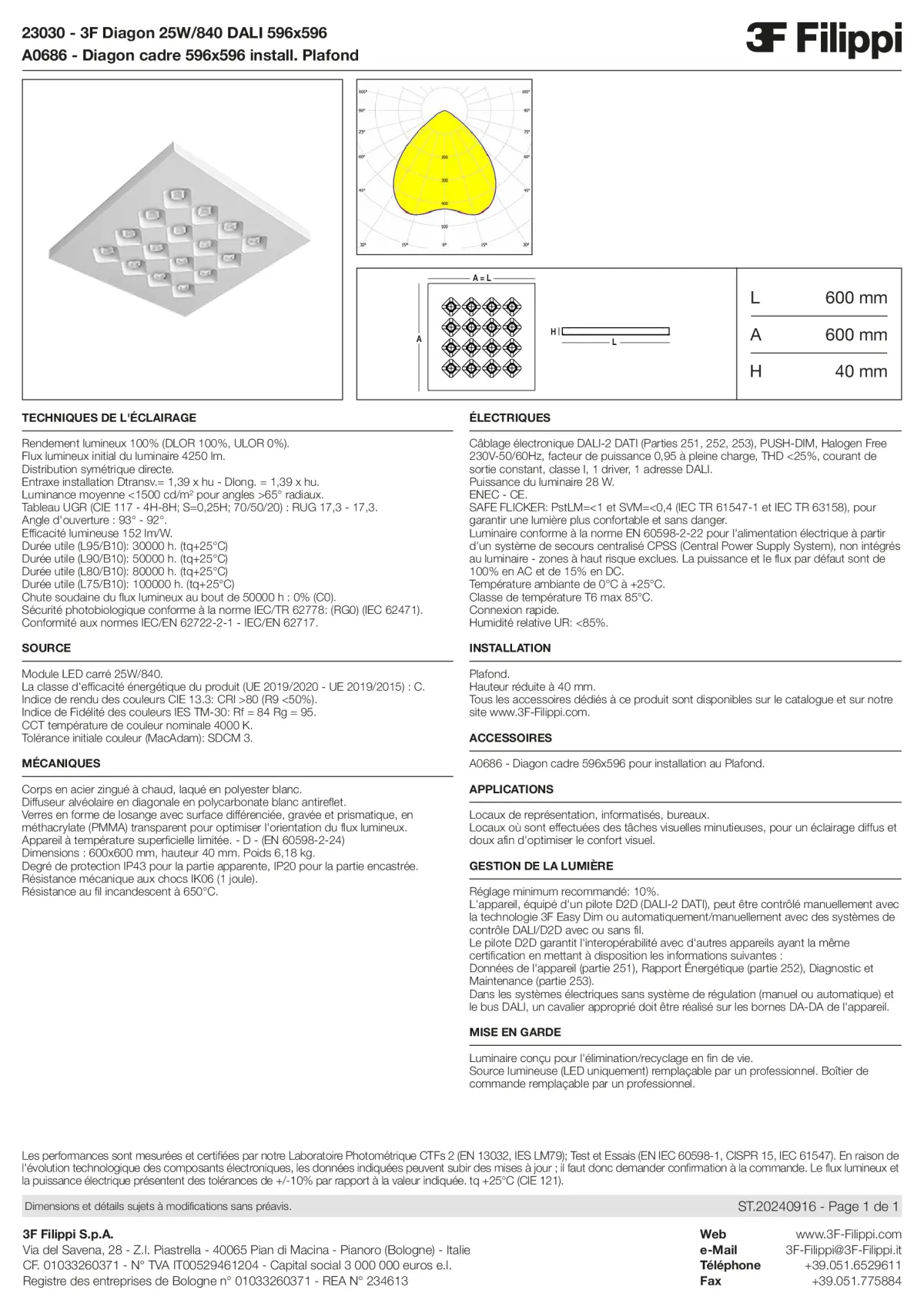 23030+A0686 - 3F Diagon 25W-840 DALI 596x596 + Corn.plaf. - Datasheet - fr