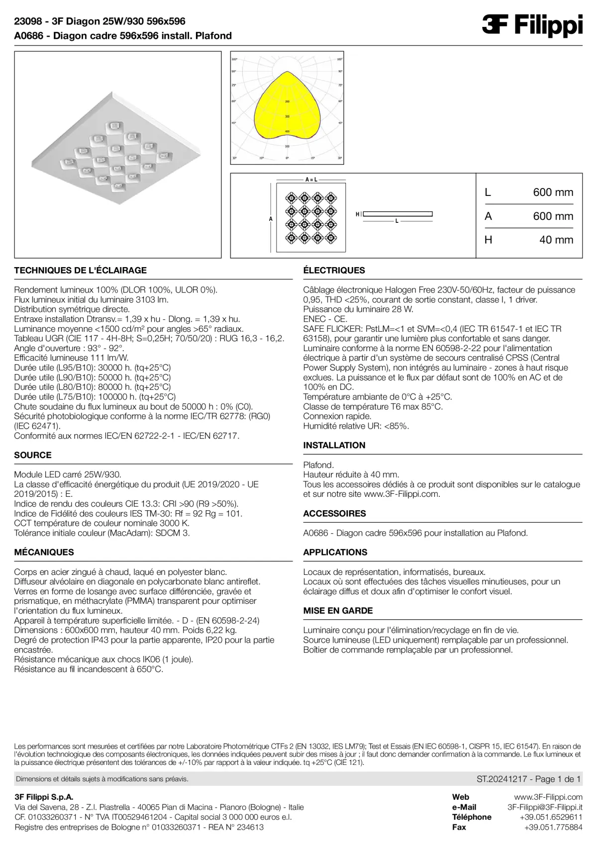 23098+A0686 - 3F Diagon 25W-930 596x596 + Corn.plaf. - Datasheet - fr