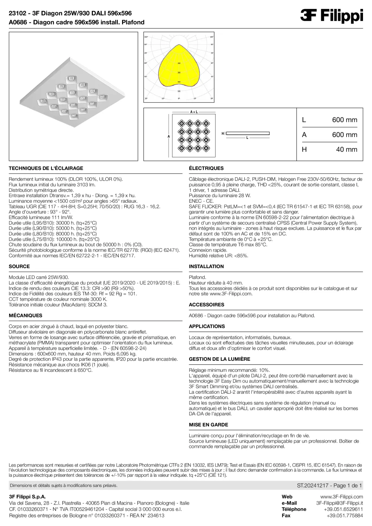23102+A0686 - 3F Diagon 25W-930 DALI 596x596 + Corn.plaf. - Datasheet - fr