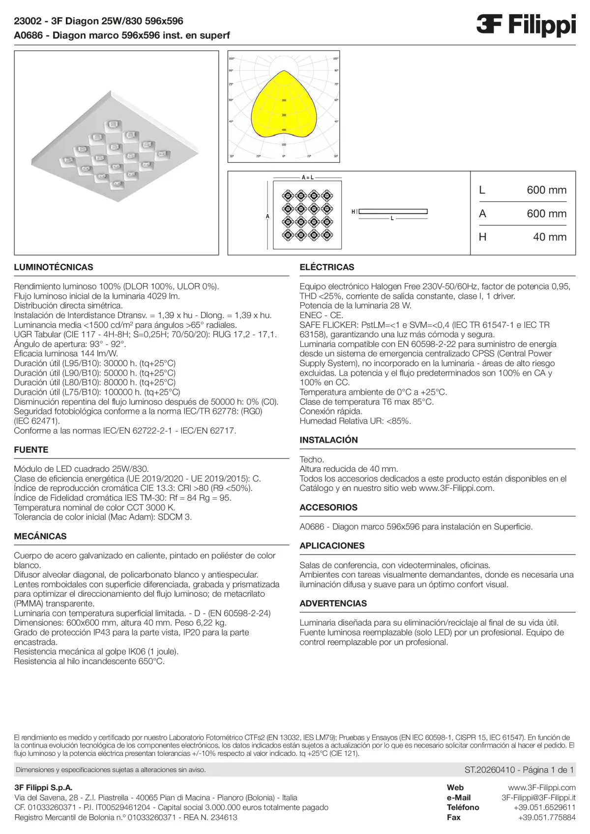 23002+A0686 - 3F Diagon 25W-830 596x596 + Corn.plaf. - Datasheet - es
