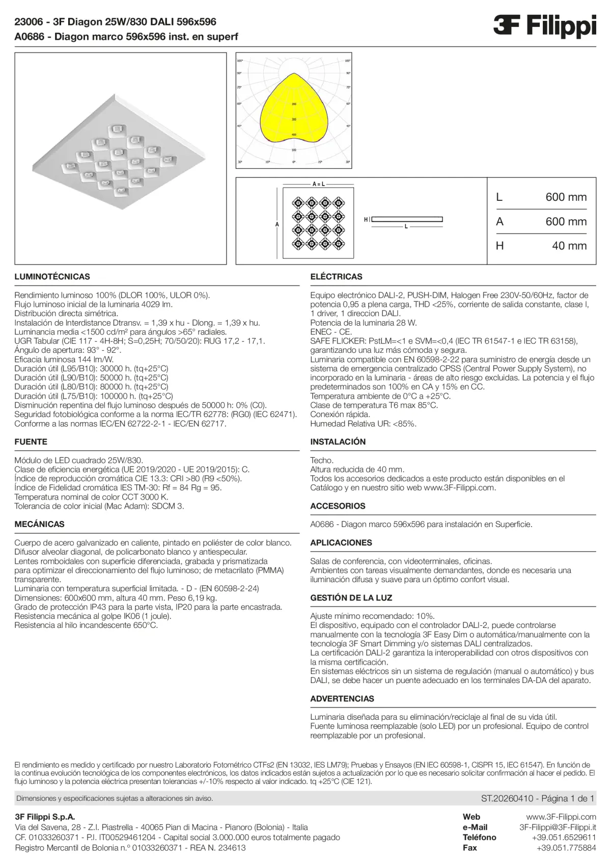 23006+A0686 - 3F Diagon 25W-830 DALI 596x596 + Corn.plaf. - Datasheet - es