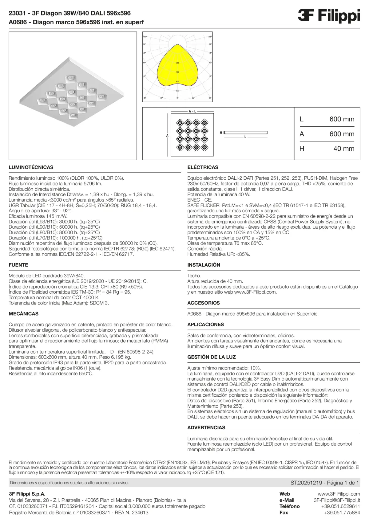 23031+A0686 - 3F Diagon 39W-840 DALI 596x596 + Corn.plaf. - Datasheet - es