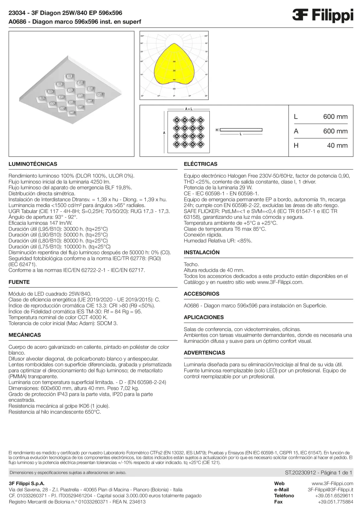 23034+A0686 - 3F Diagon 25W-840 EP 596x596 + Corn.plaf. - Datasheet - es