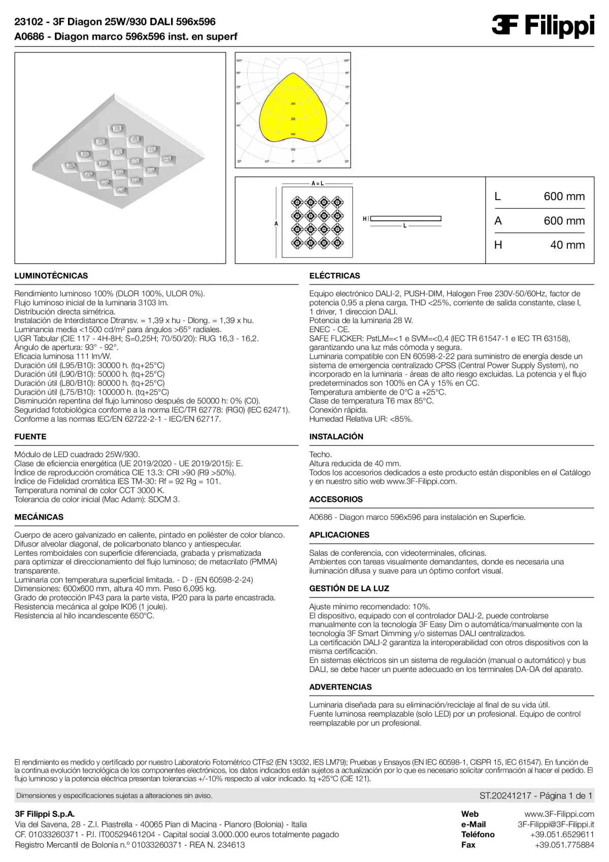 23102+A0686 - 3F Diagon 25W-930 DALI 596x596 + Corn.plaf. - Datasheet - es