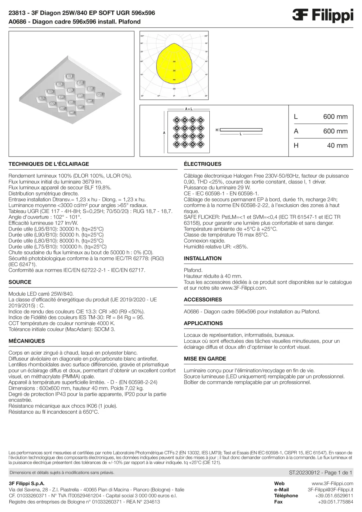 23813+A0686 - 3F Diagon 25W-840 EP SOFT UGR 596x596 + Corn.plaf. - Datasheet - fr