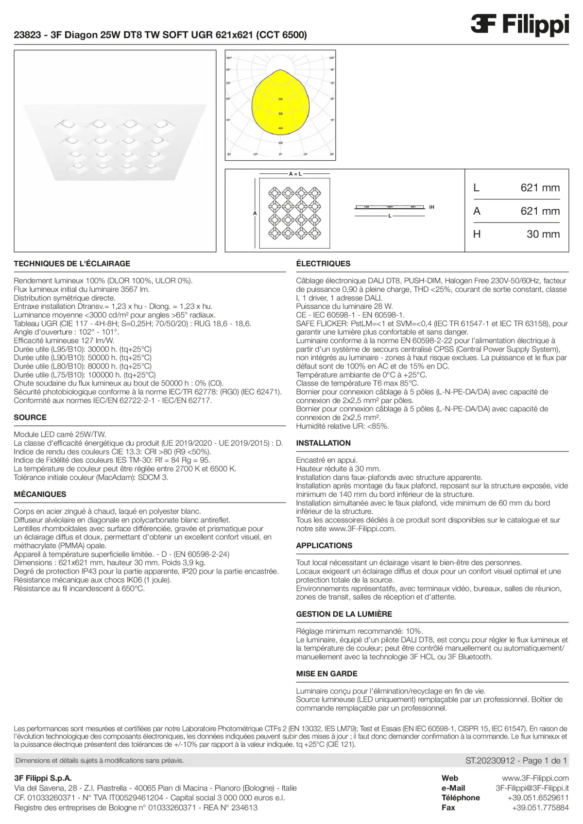 23823 - 3F Diagon 25W DT8 TW SOFT UGR 621x621 (CCT 6500) - Datasheet - fr