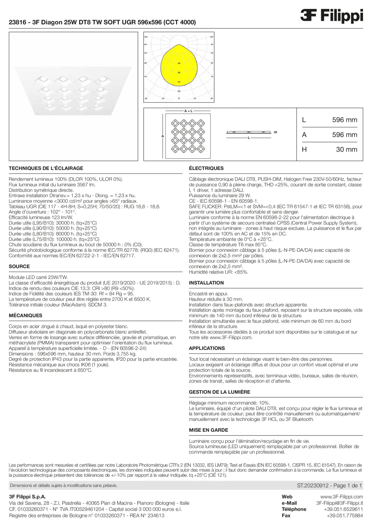 23816 - 3F Diagon 25W DT8 TW SOFT UGR 596x596 (CCT 4000) - Datasheet - fr