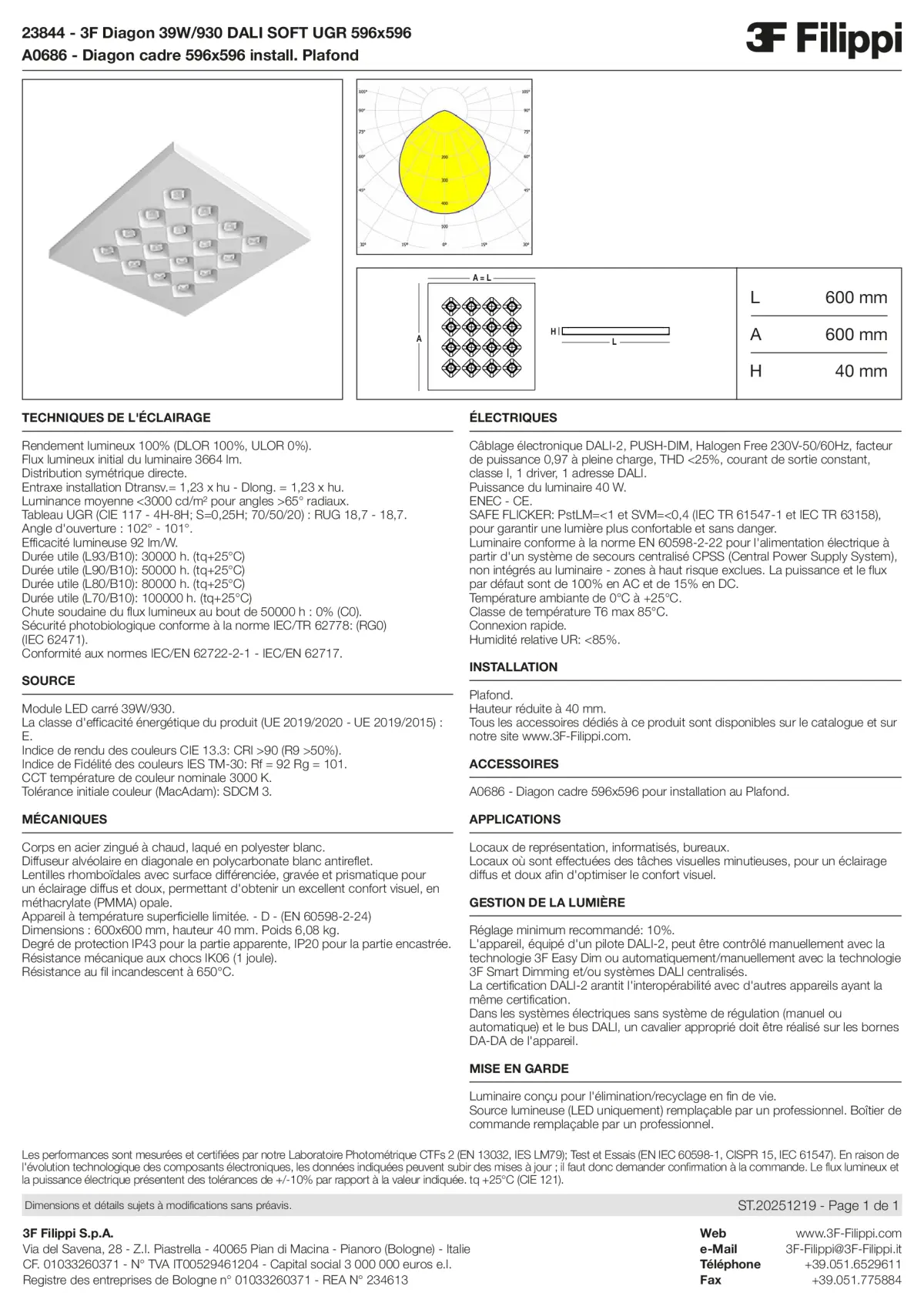 23844+A0686 - 3F Diagon 39W-930 DALI SOFT UGR 596x596 + Corn.plaf. - Datasheet - fr