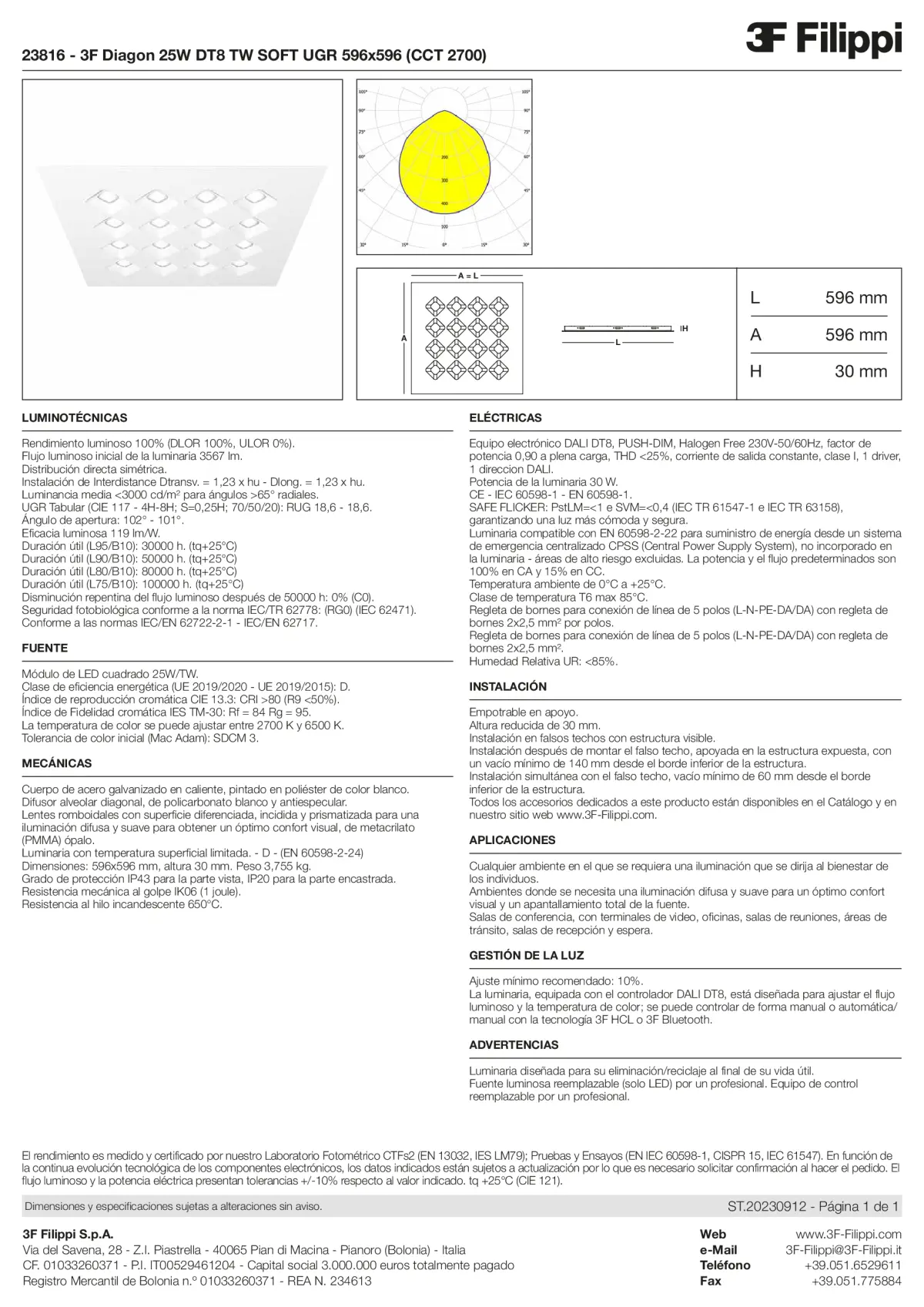 23816 - 3F Diagon 25W DT8 TW SOFT UGR 596x596 (CCT 2700) - Datasheet - es