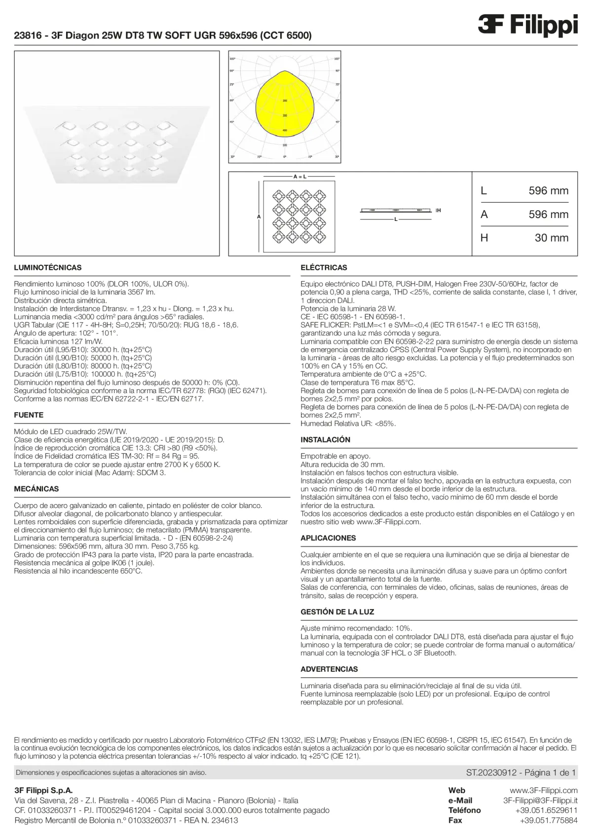 23816 - 3F Diagon 25W DT8 TW SOFT UGR 596x596 (CCT 6500) - Datasheet - es