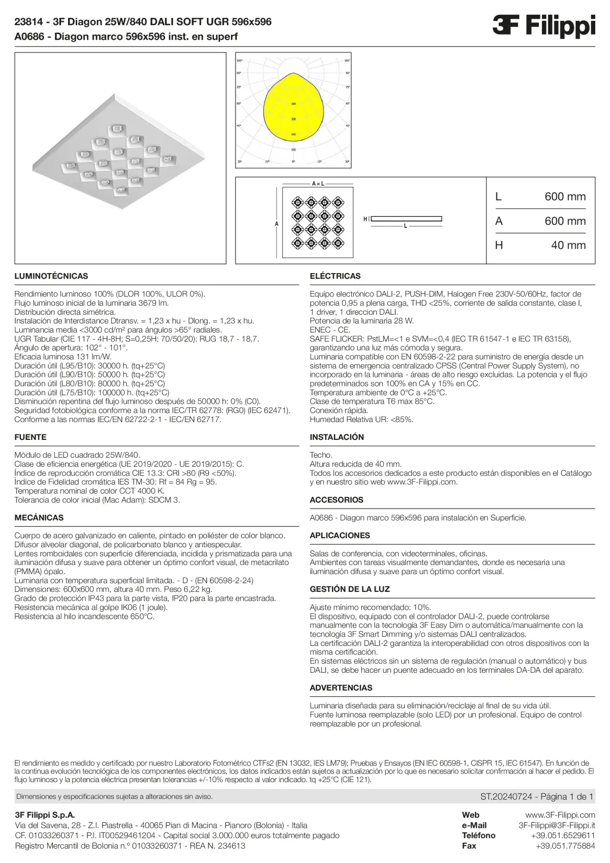 23814+A0686 - 3F Diagon 25W-840 DALI SOFT UGR 596x596 + Corn.plaf. - Datasheet - es
