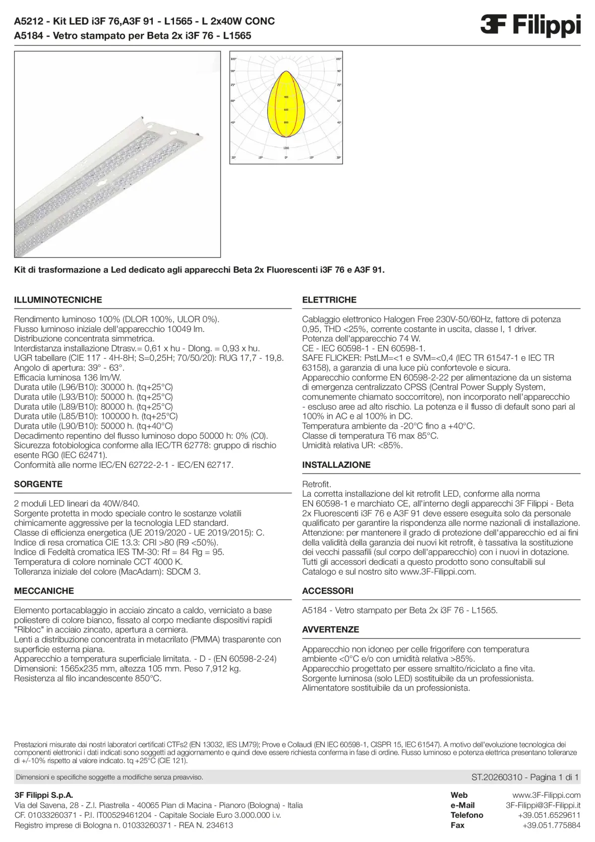 A5212+A5184 - Kit LED i3F 76,A3F 91 - L1565 - L 2x40W CONC + VS - Datasheet - it