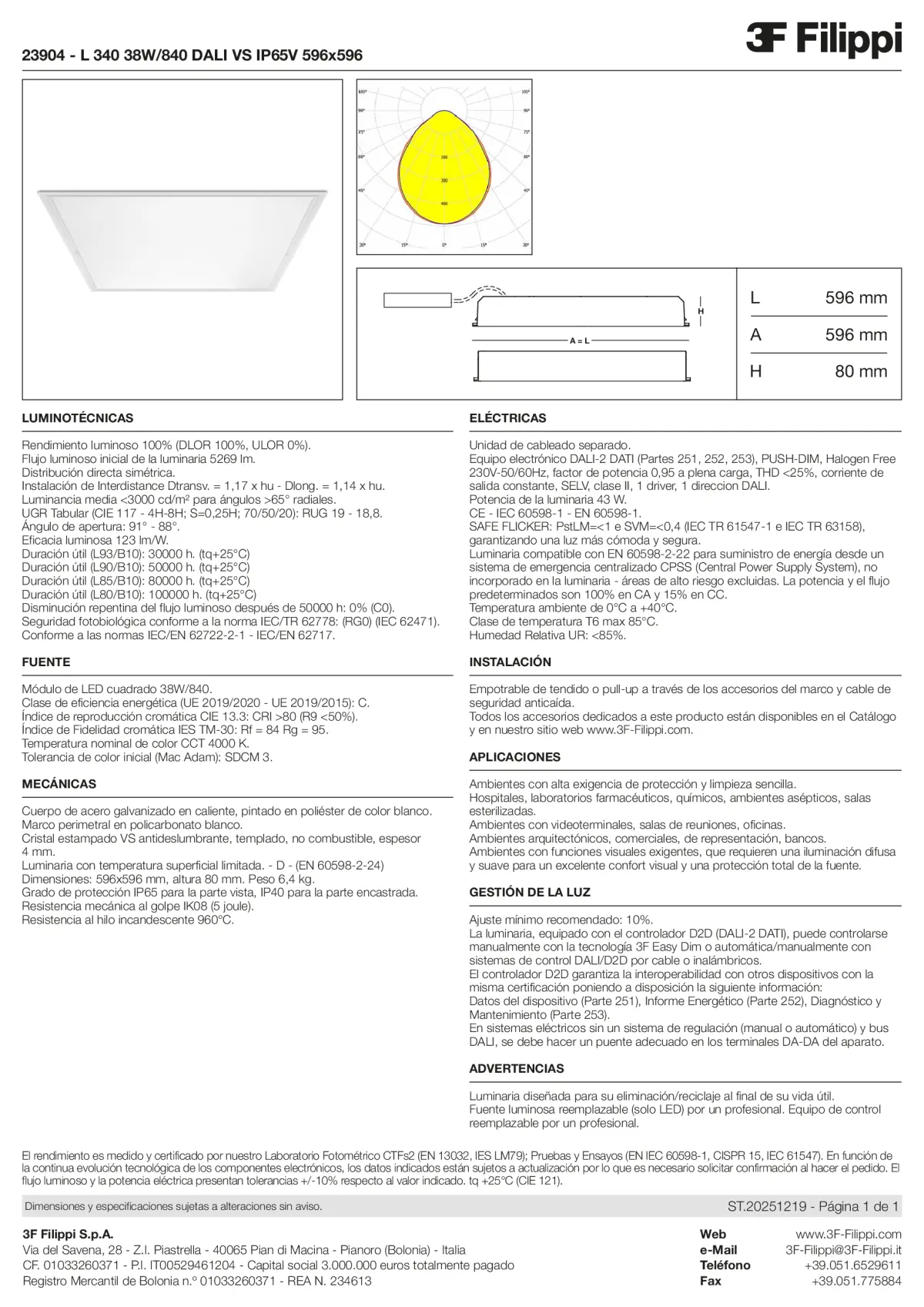 23904 - L 340 38W-840 DALI VS IP65V 596x596 - Datasheet - es