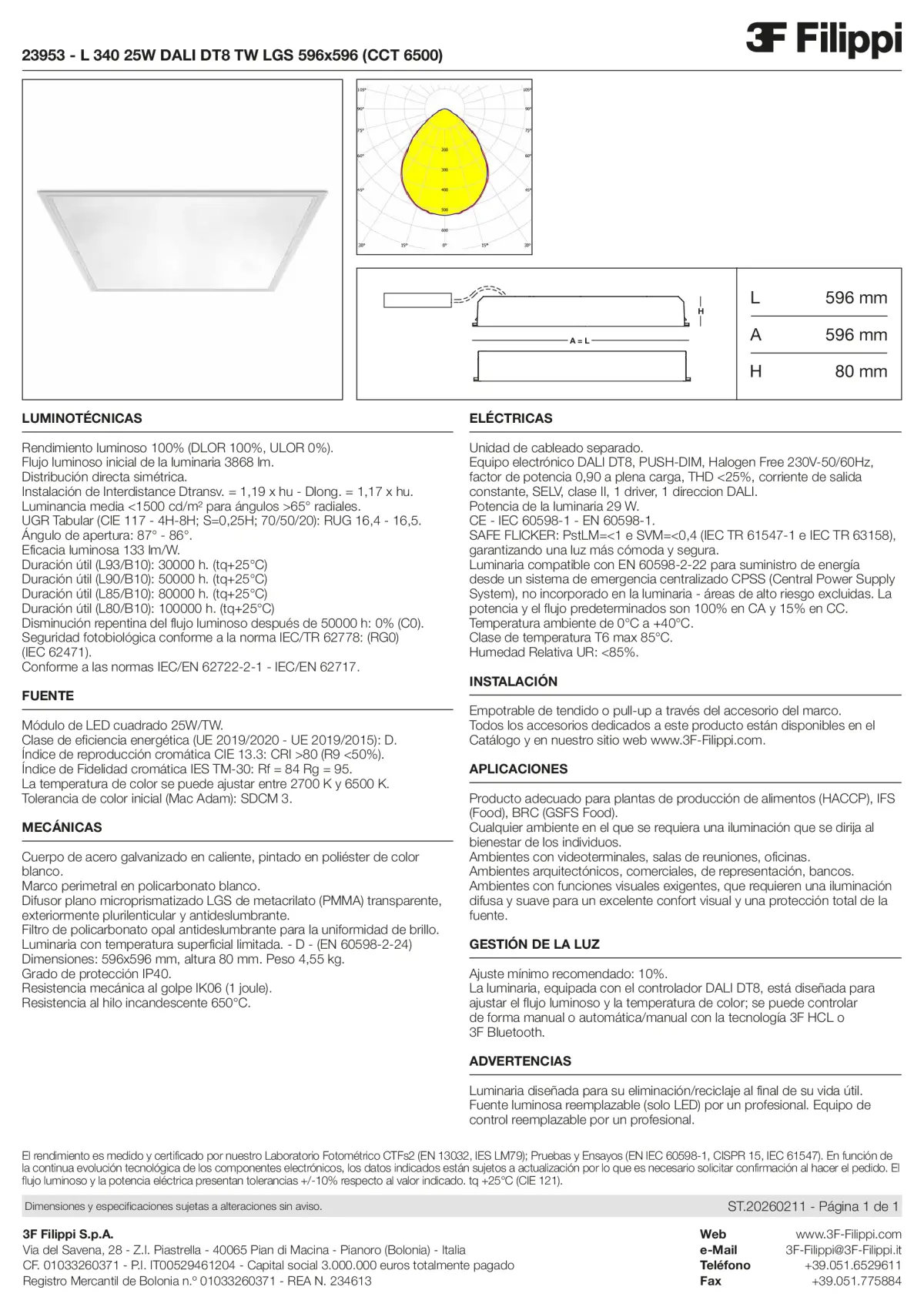 23953 - L 340 25W DALI DT8 TW LGS 596x596 (CCT 6500) - Datasheet - es