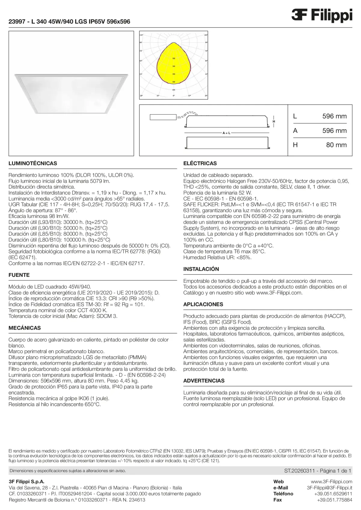 23997 - L 340 45W-940 LGS IP65V 596x596 - Datasheet - es