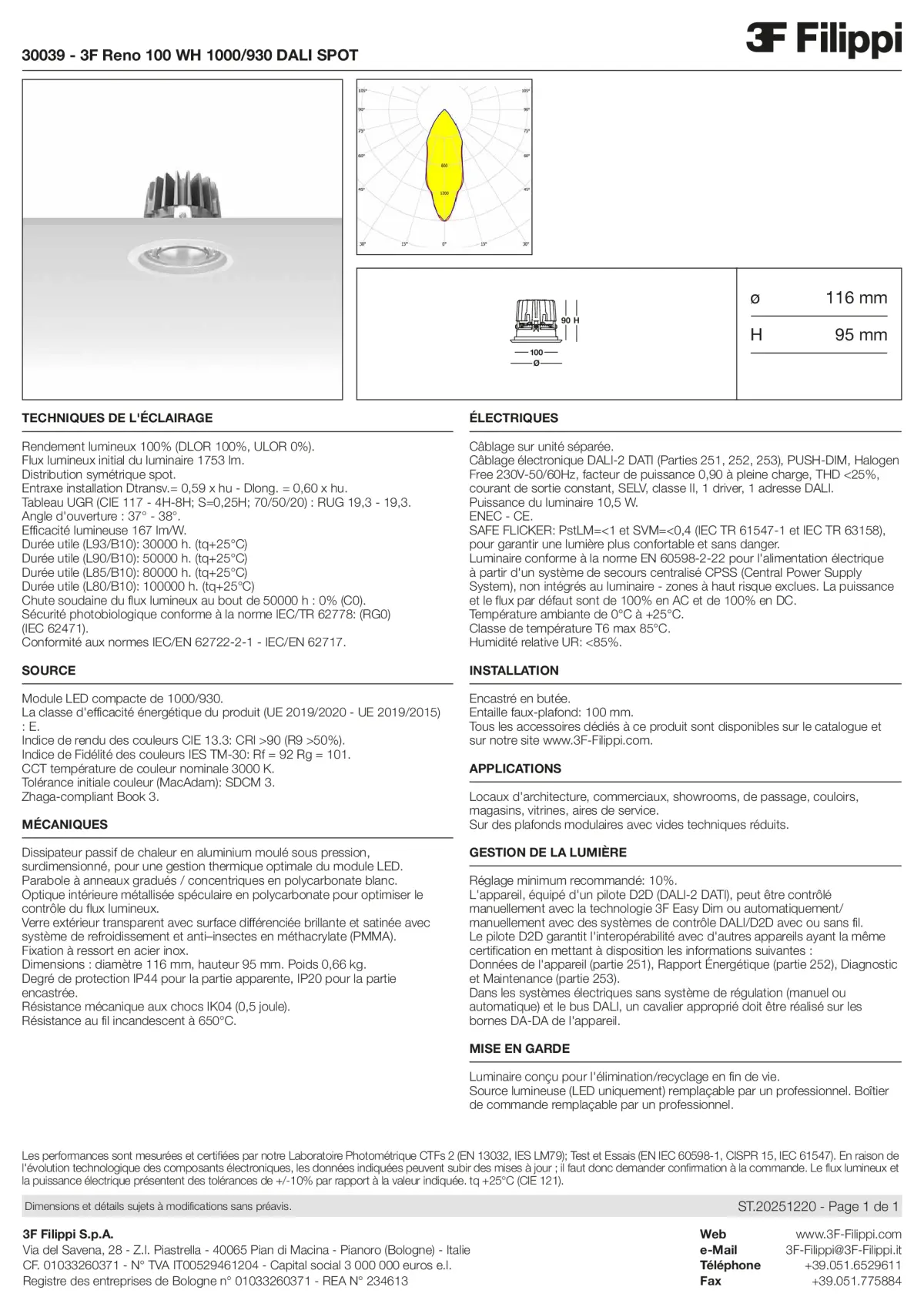 30039 - 3F Reno 100 WH 1000-930 DALI SPOT - Datasheet - fr