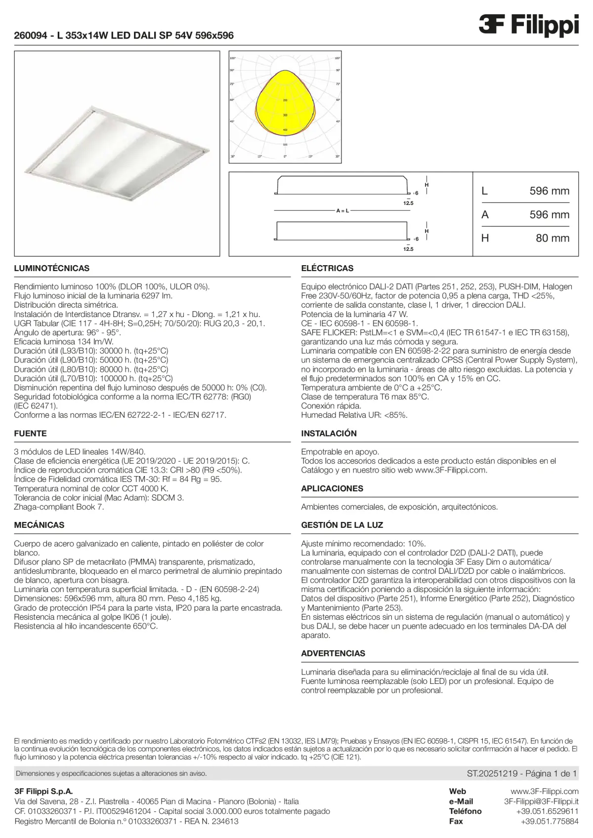 260094 - L 353x14W LED DALI SP 54V 596x596 - Datasheet - es