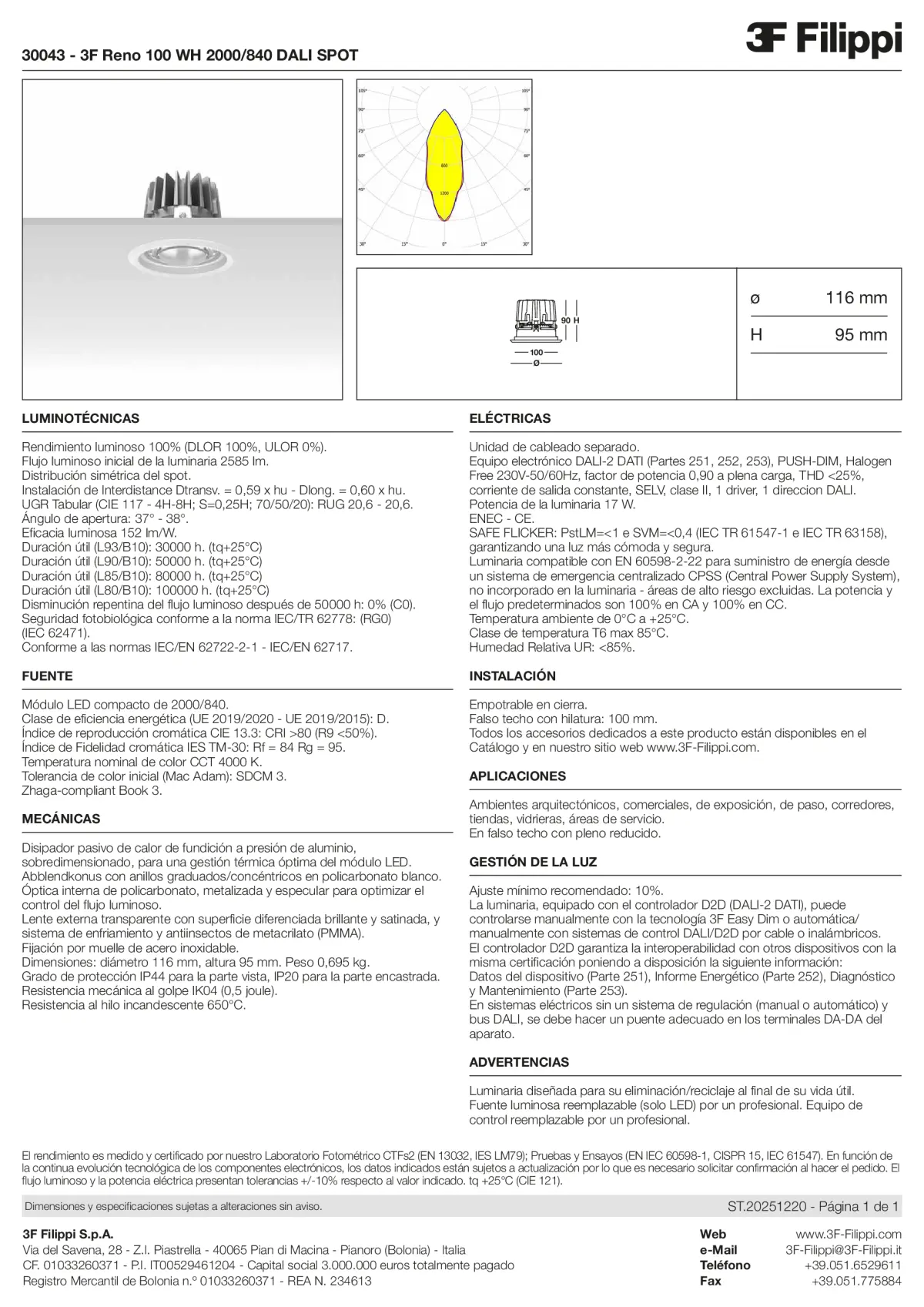 30043 - 3F Reno 100 WH 2000-840 DALI SPOT - Datasheet - es