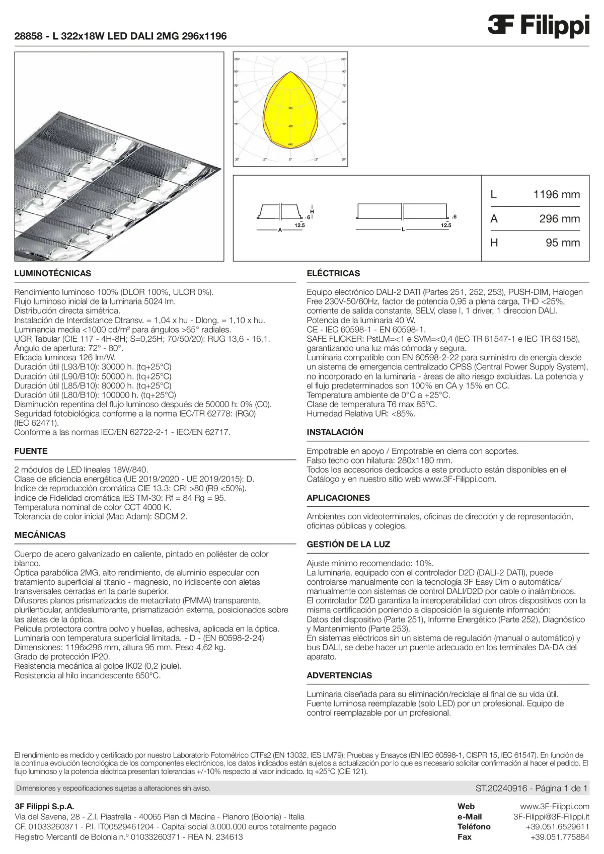 28858 - L 322x18W LED DALI 2MG 296x1196 - Datasheet - es