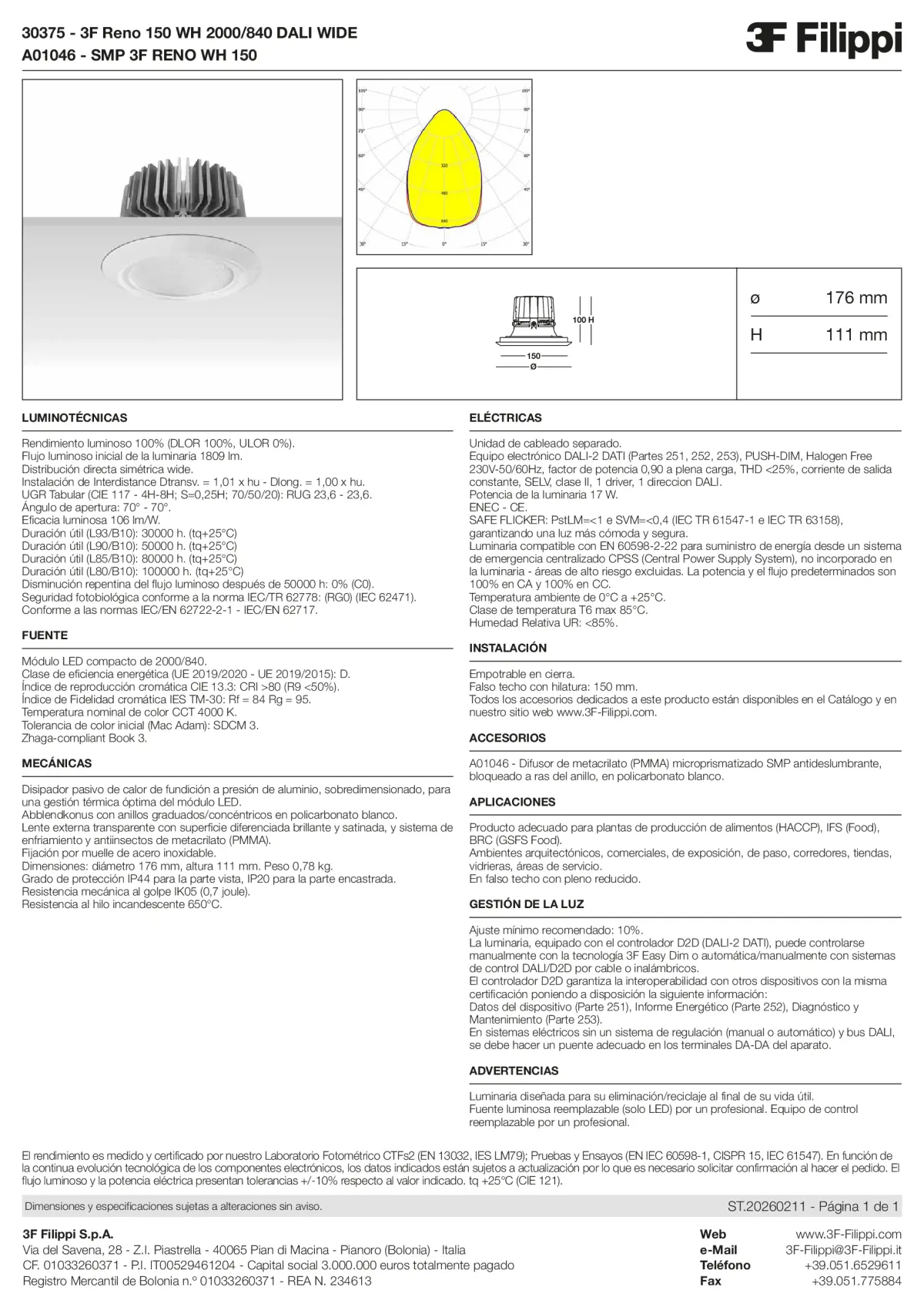 30375+A01046 - 3F Reno 150 WH 2000-840 DALI WIDE + SMP WH - Datasheet - es